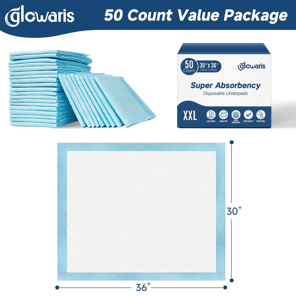 Glowaris 30x36 underpad, bulk pack makes restocking easy.