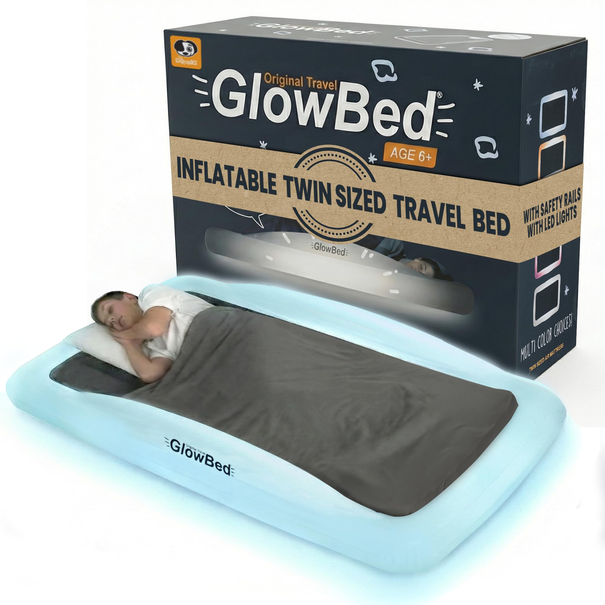 GLOWBED inflatable travel bed demonstrates portability for camping and travel comfort.