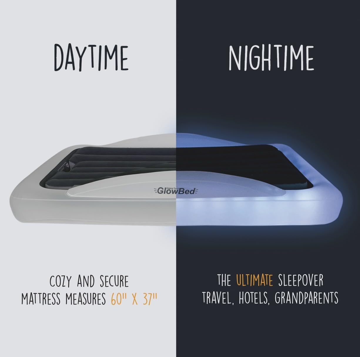 GLOWBED security rails keep kids secure for peaceful sleepovers.