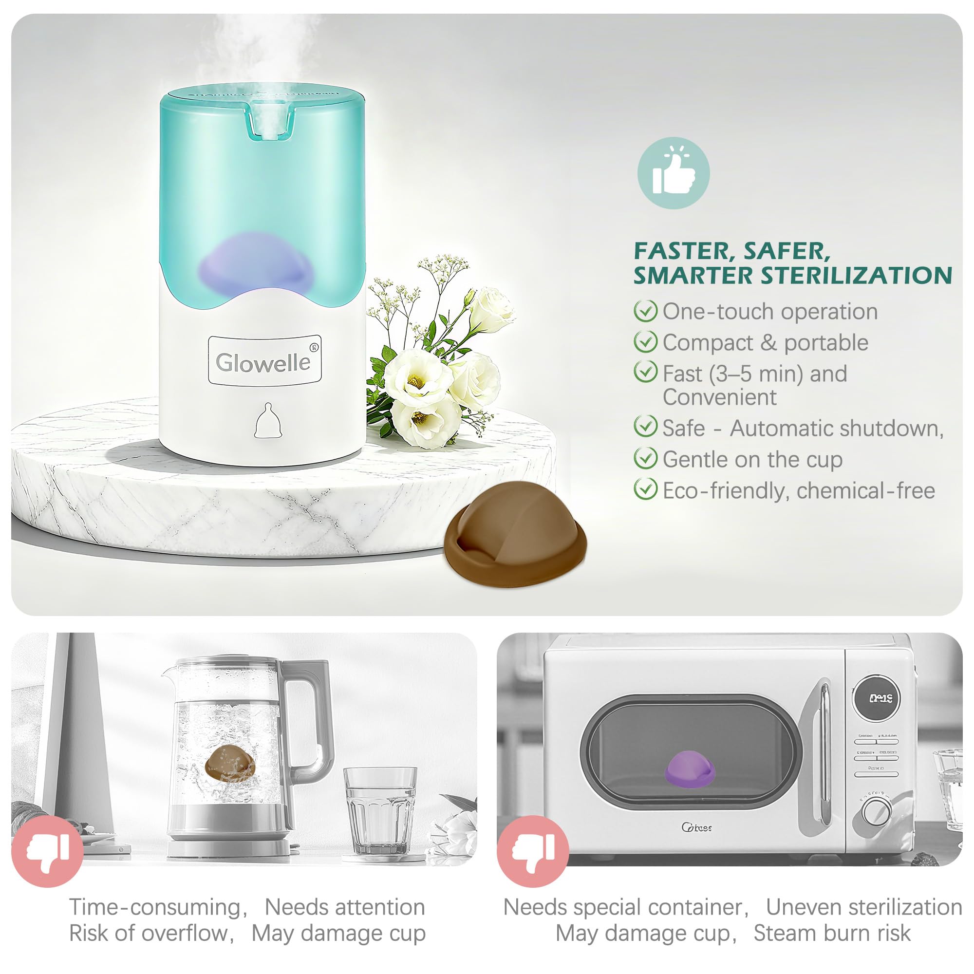 Glowelle steamer one-button operation, quick and safe three-minute cleanup.