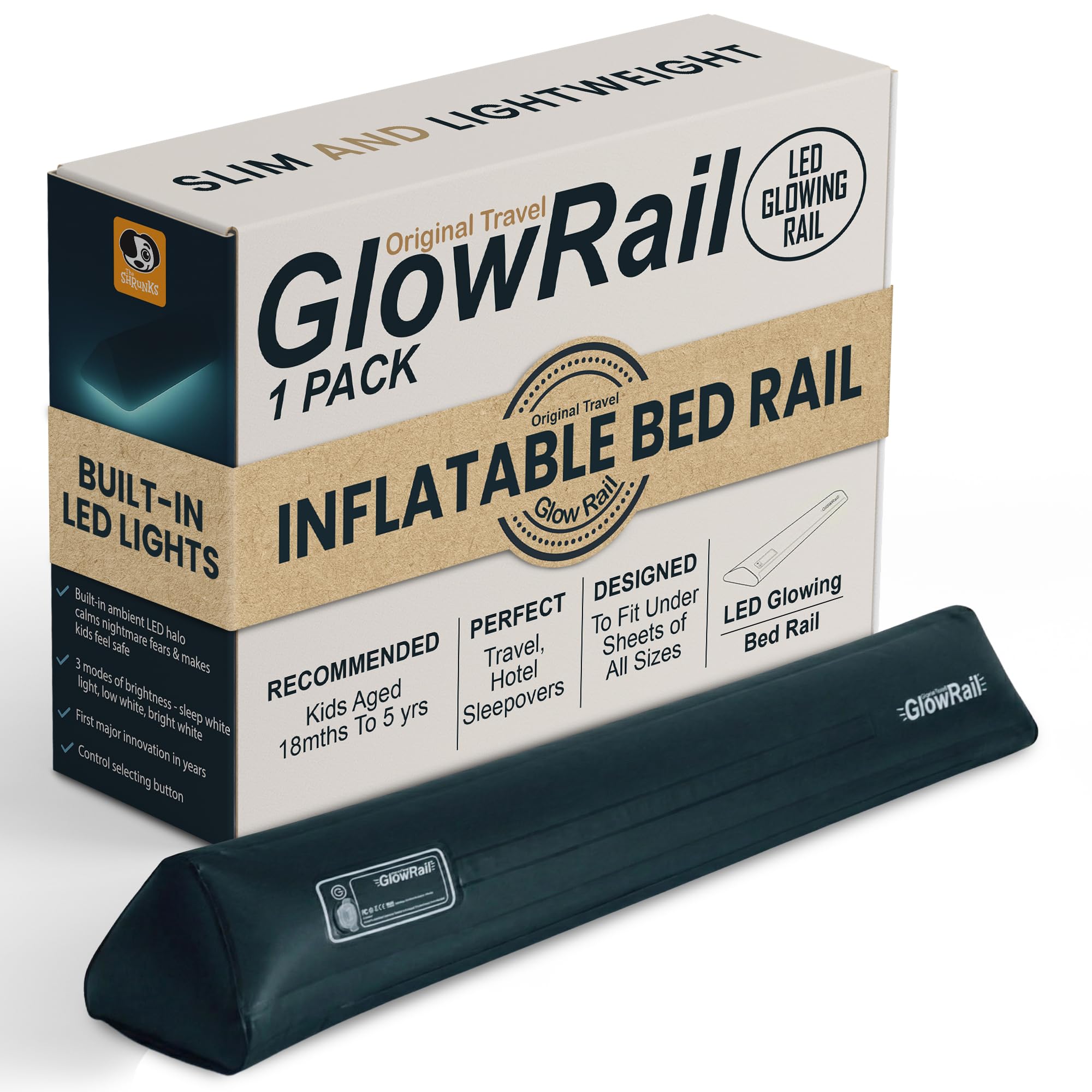 GlowRail inflatable bed rail with LED strip lights for safer toddler sleep