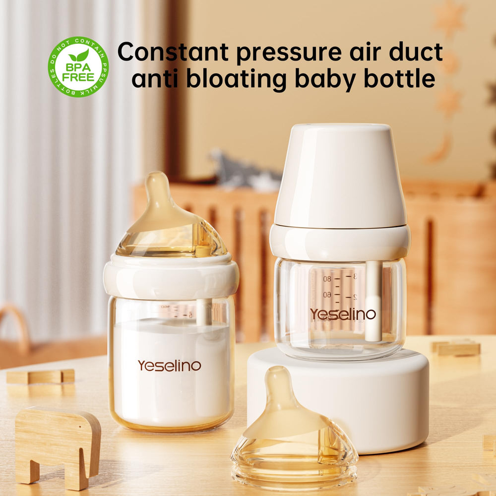 Medium-flow nipple on Glusmami glass bottle for steady feeding.