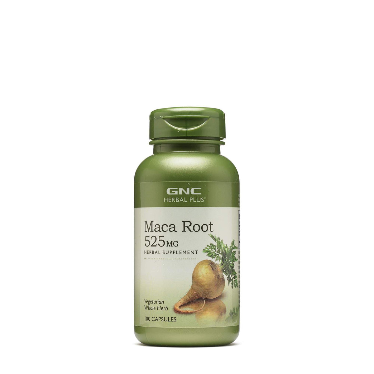GNC Herbal Plus Maca Root 525mg bottle highlighting vitality and natural ingredients