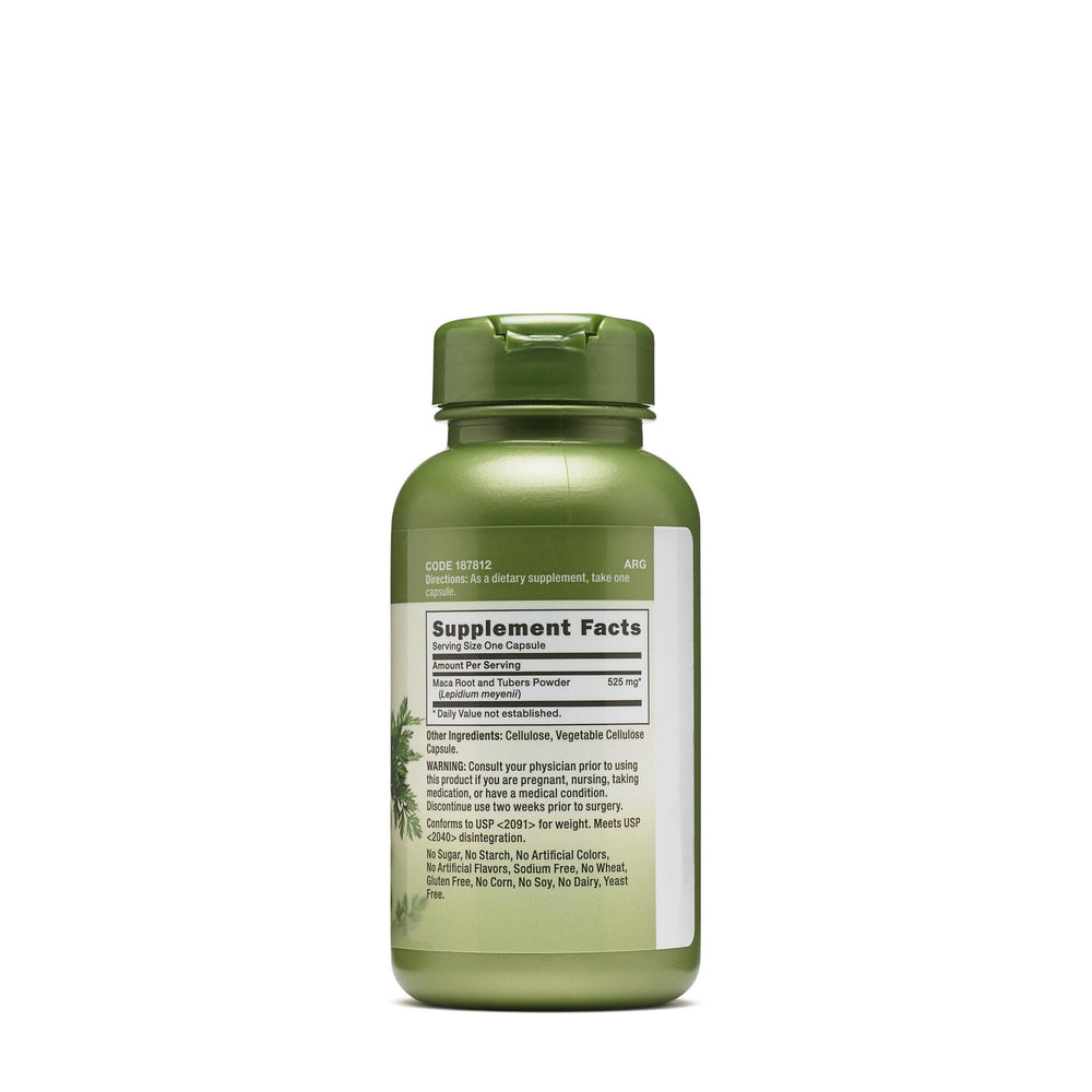 GNC Maca 525mg capsules closeup showing vegetarian, gluten-free formulation for everyday wellness