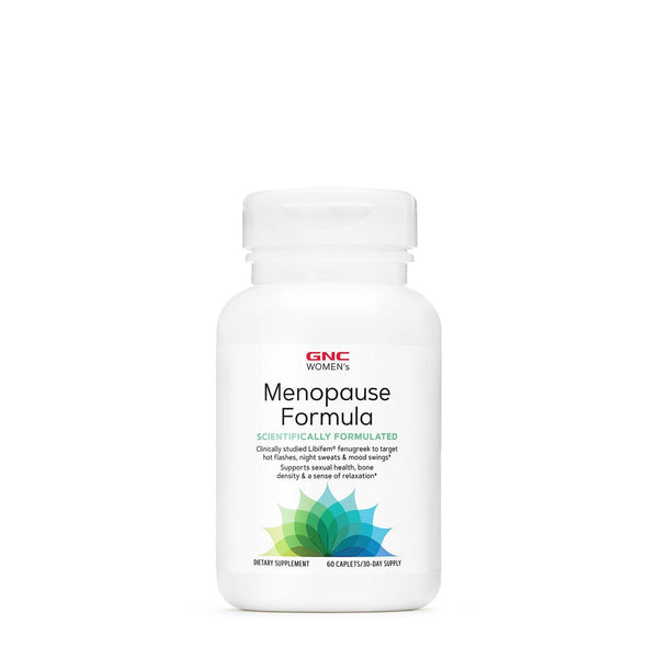 GNC Women's Menopause Formula bottle cap image showing easy-to-swallow caplets for daily balance.