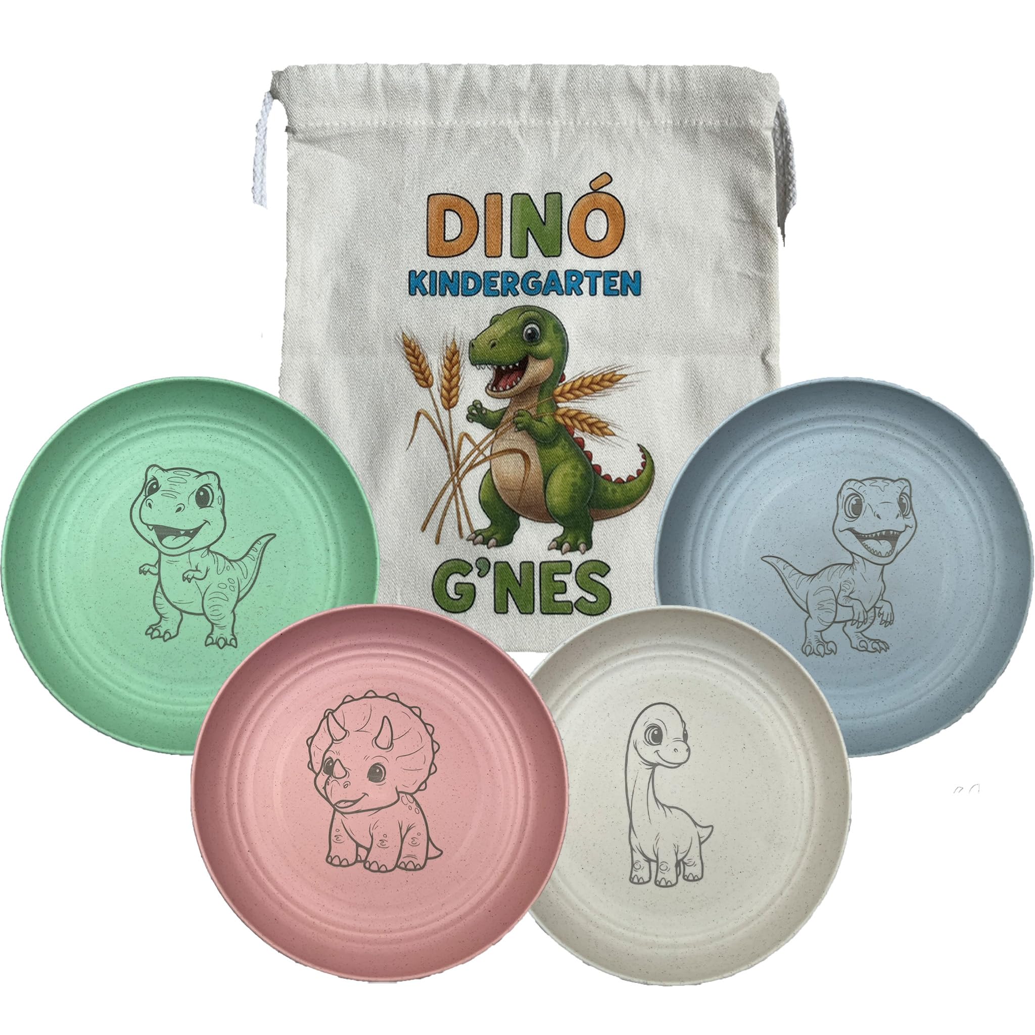 G'nes wheat-straw dinosaur pattern plates for kids, durable and eco-friendly mealtime.