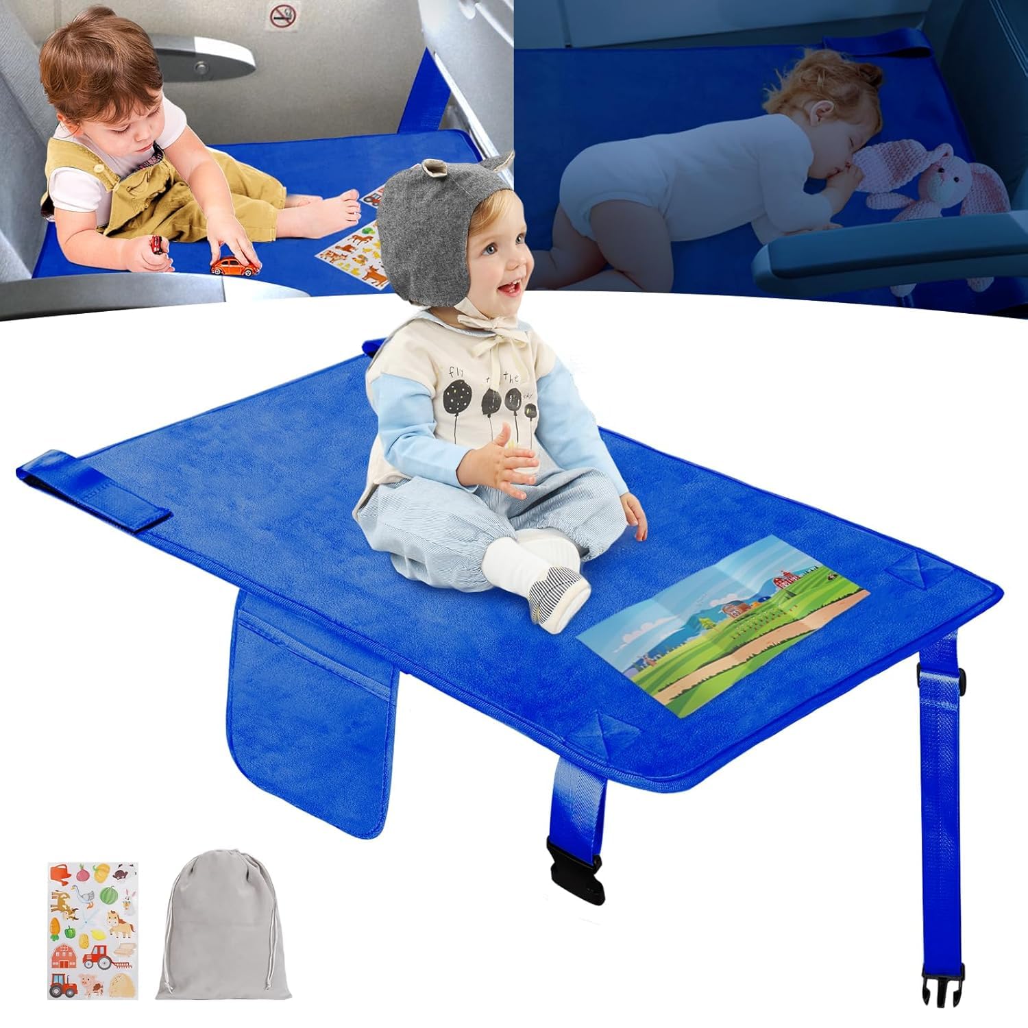 GoCozy toddler airplane bed navy front view provides comfy travel sleep and extra space.