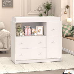GOFEI dresser with drawers open for organized diapers and outfits.
