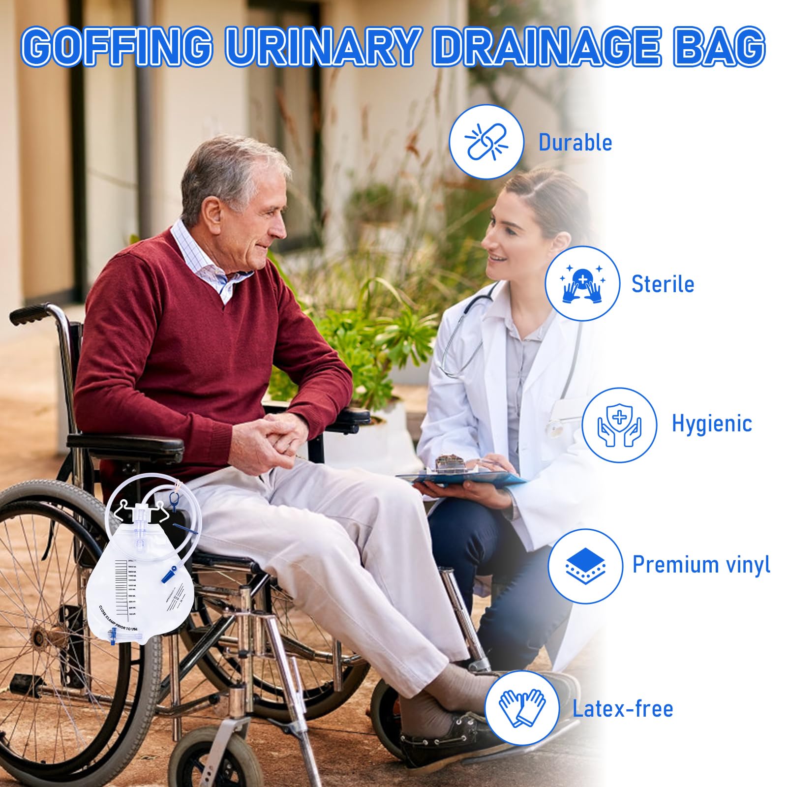 Goffing drain valve enables one-handed operation for caregivers and patients.