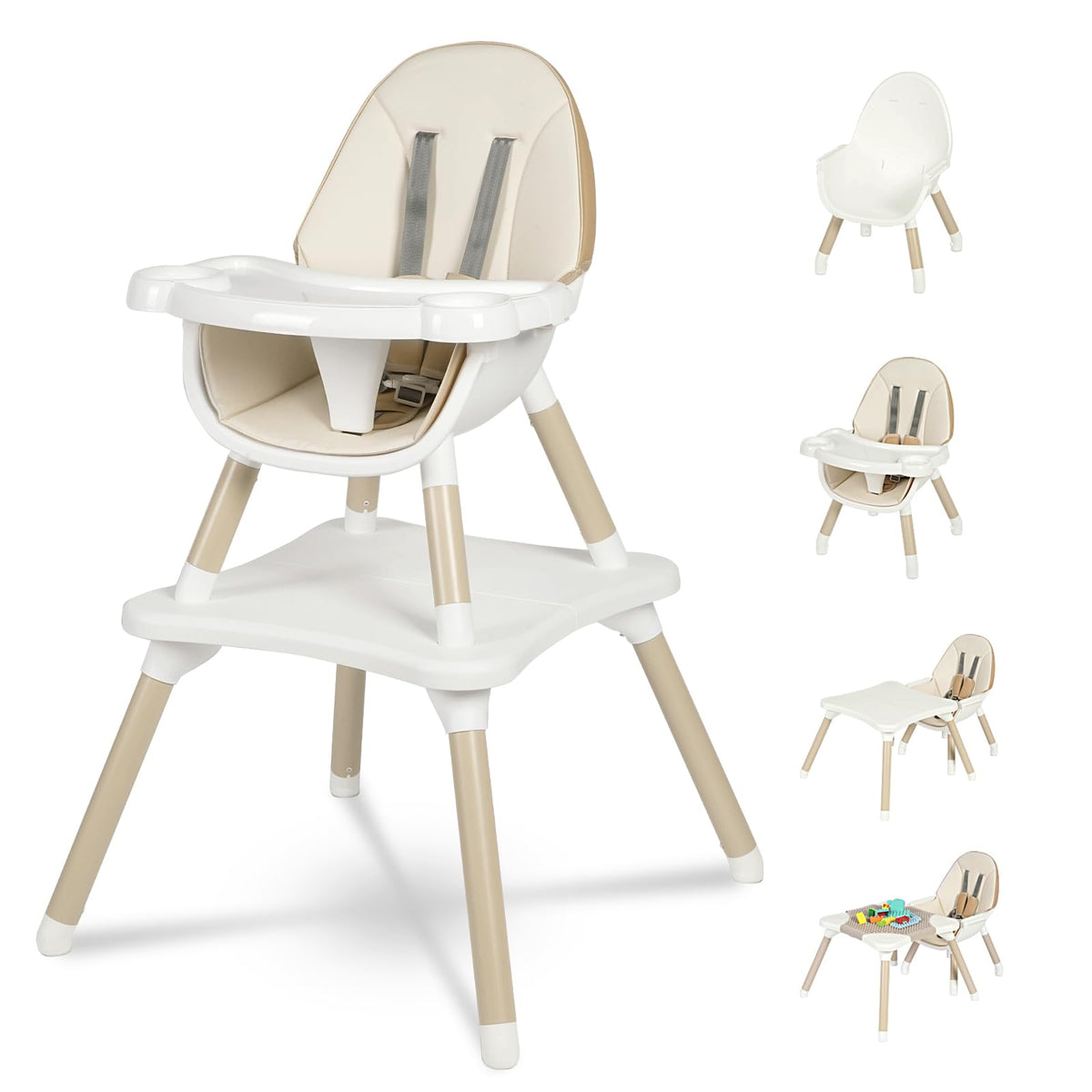 GoFirst 6-in-1 high chair in use, showing secure seating for a growing baby.
