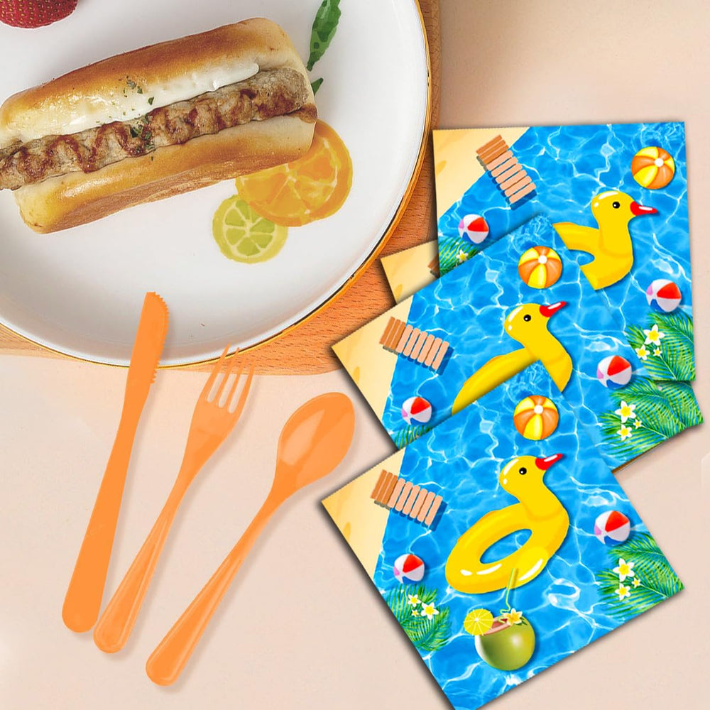 GOGUOGOFA beach pool party table setup with coordinated tableware