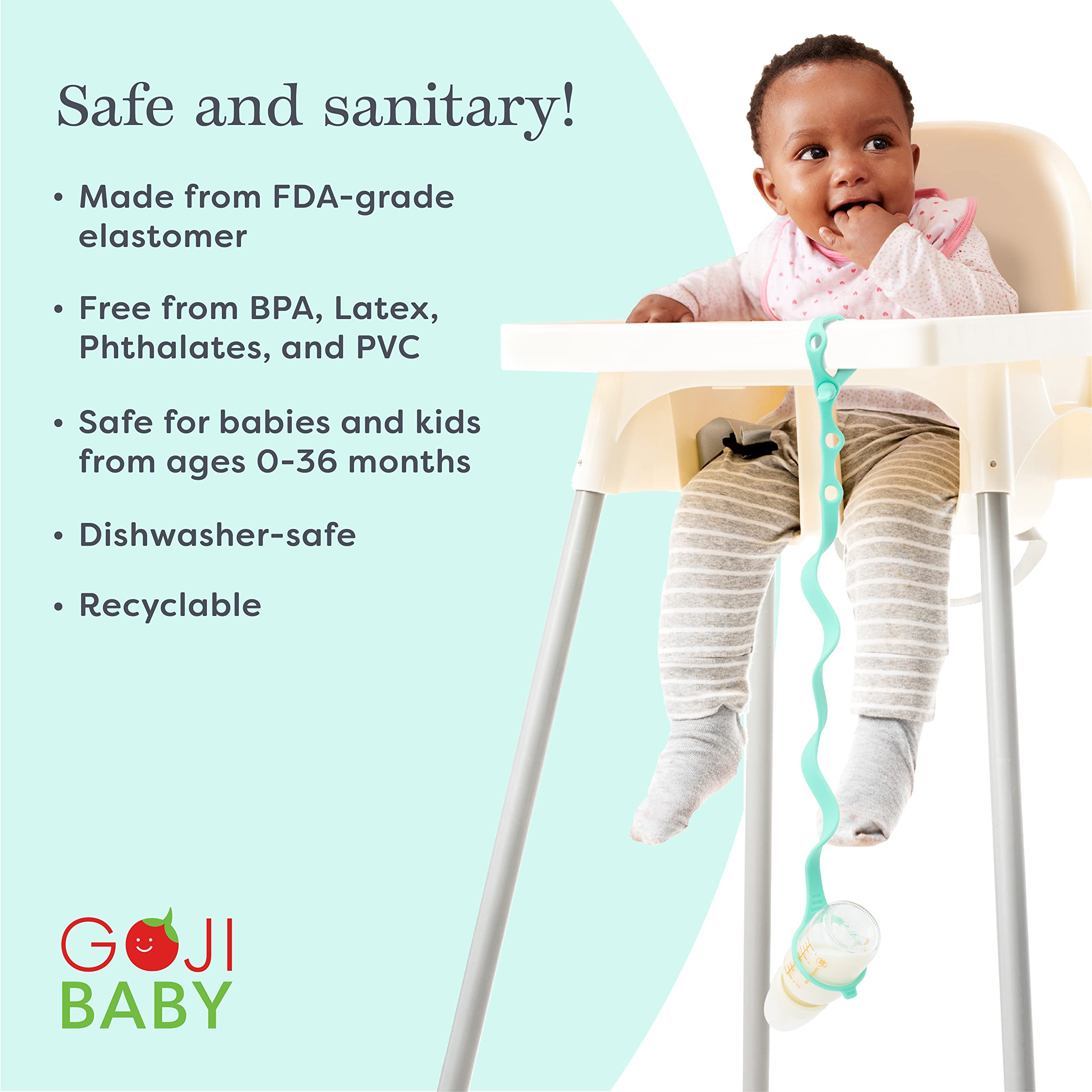 Goji Baby Bungee Strap is dishwasher-safe for quick cleanup after meals