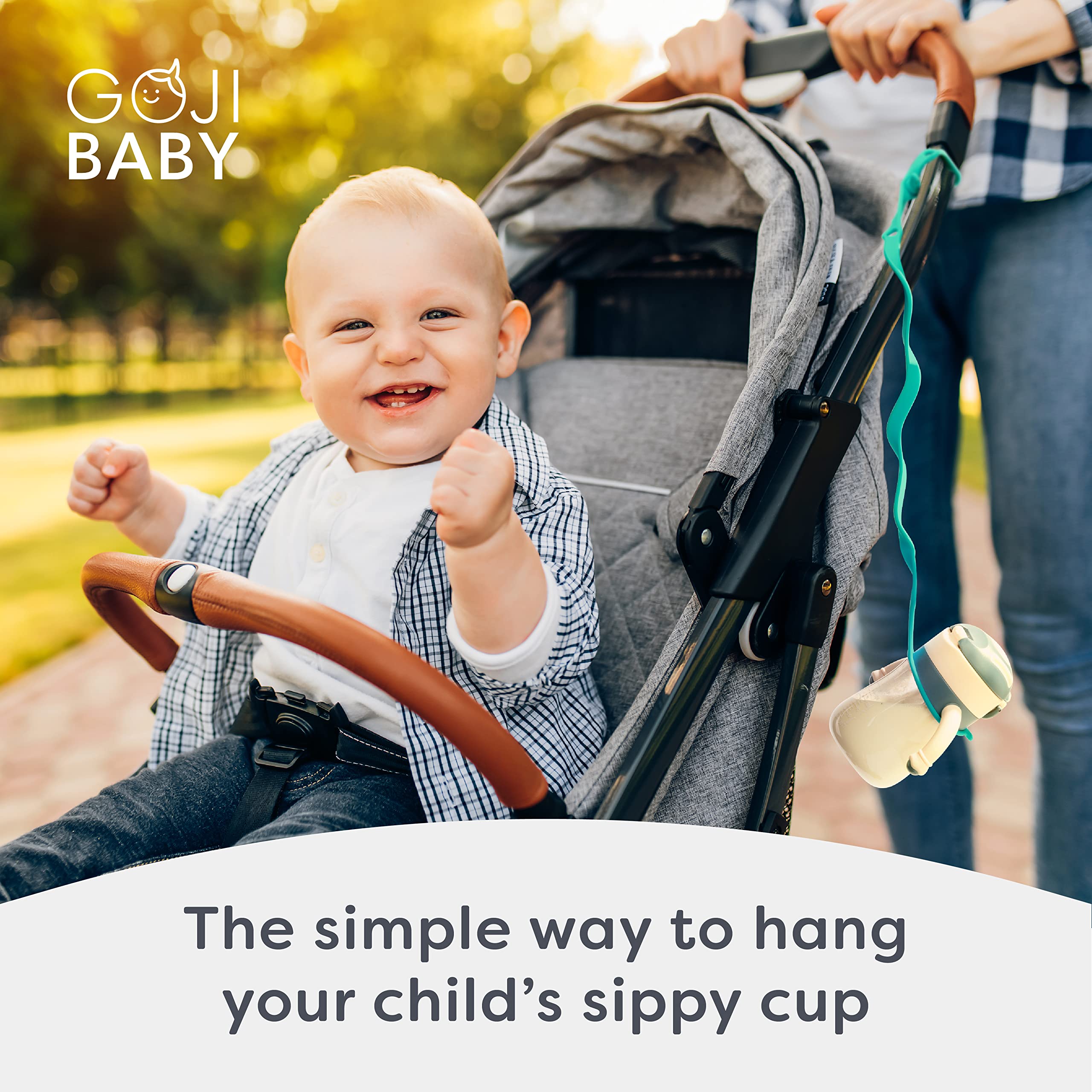 Goji Baby Bungee Strap attached to a stroller prevents bottle drops on walks