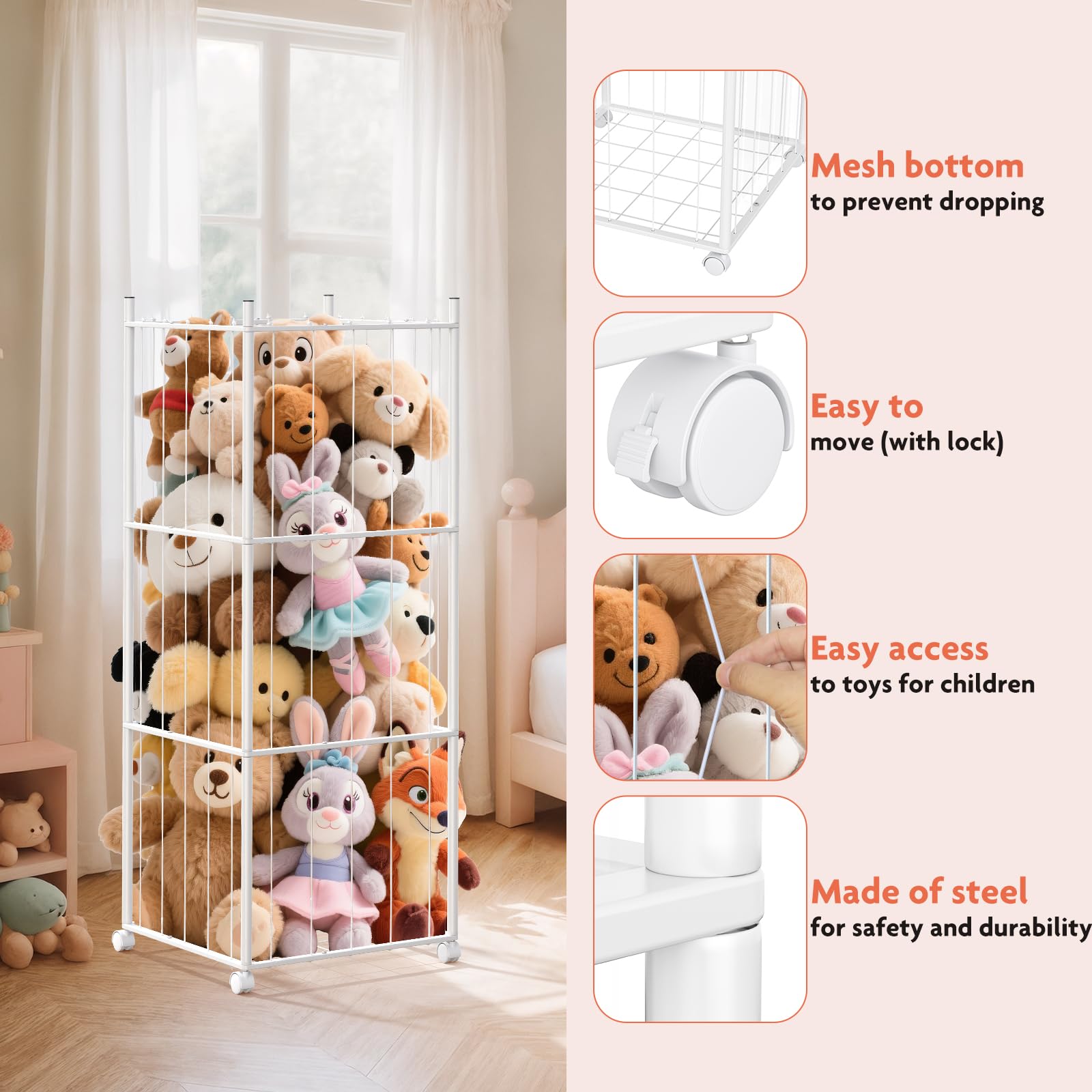 GoKEDA stuffed animal tower with rolling wheels enables smooth repositioning