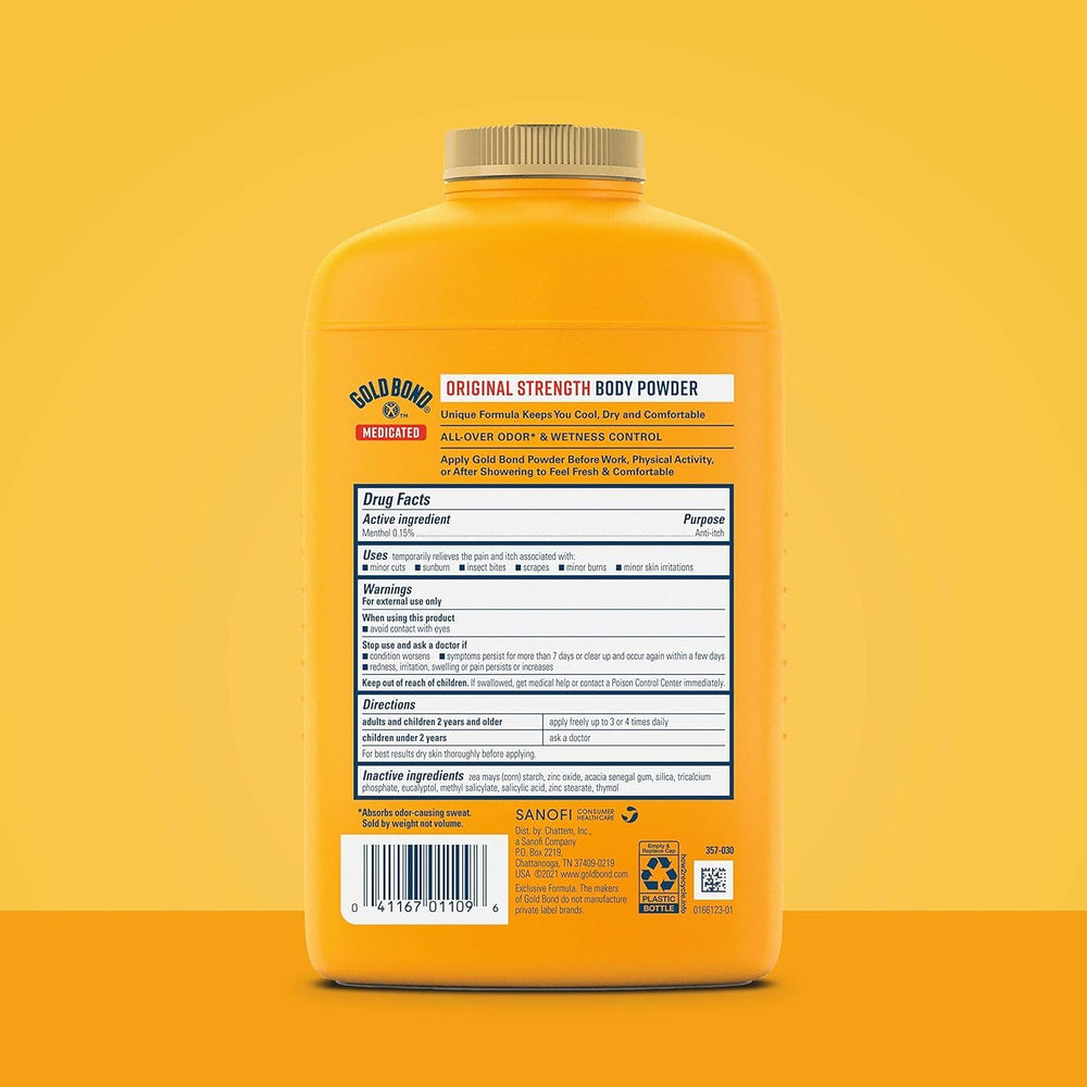 Gold Bond Medicated Powder Triple Action Relief bottle back highlights ingredients and directions.