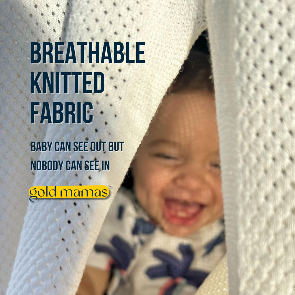 Gold Mamas blue nursing cover used on the go during daily outings