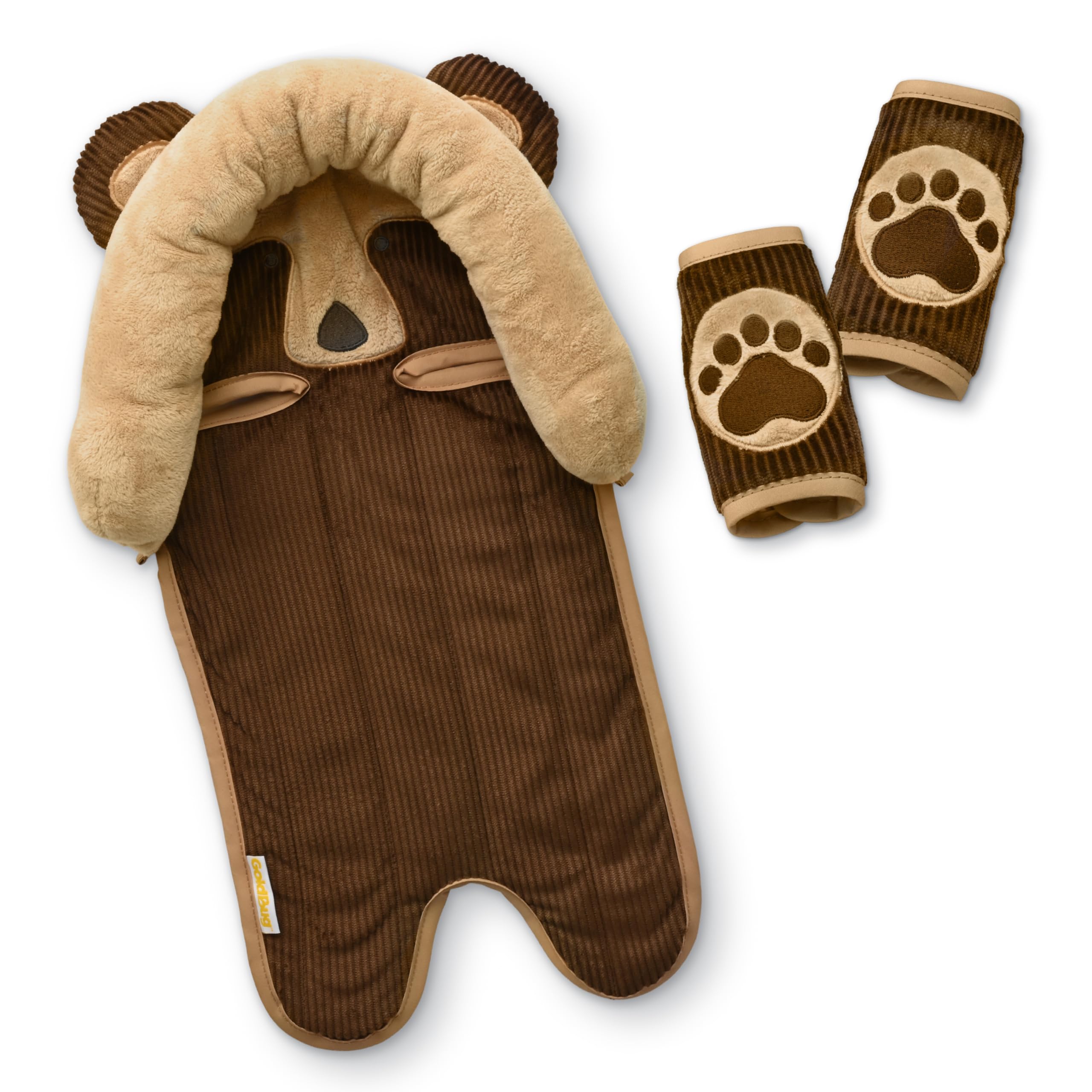Goldbug Deluxe Critter head support Bear, plush front view for newborn car rides.