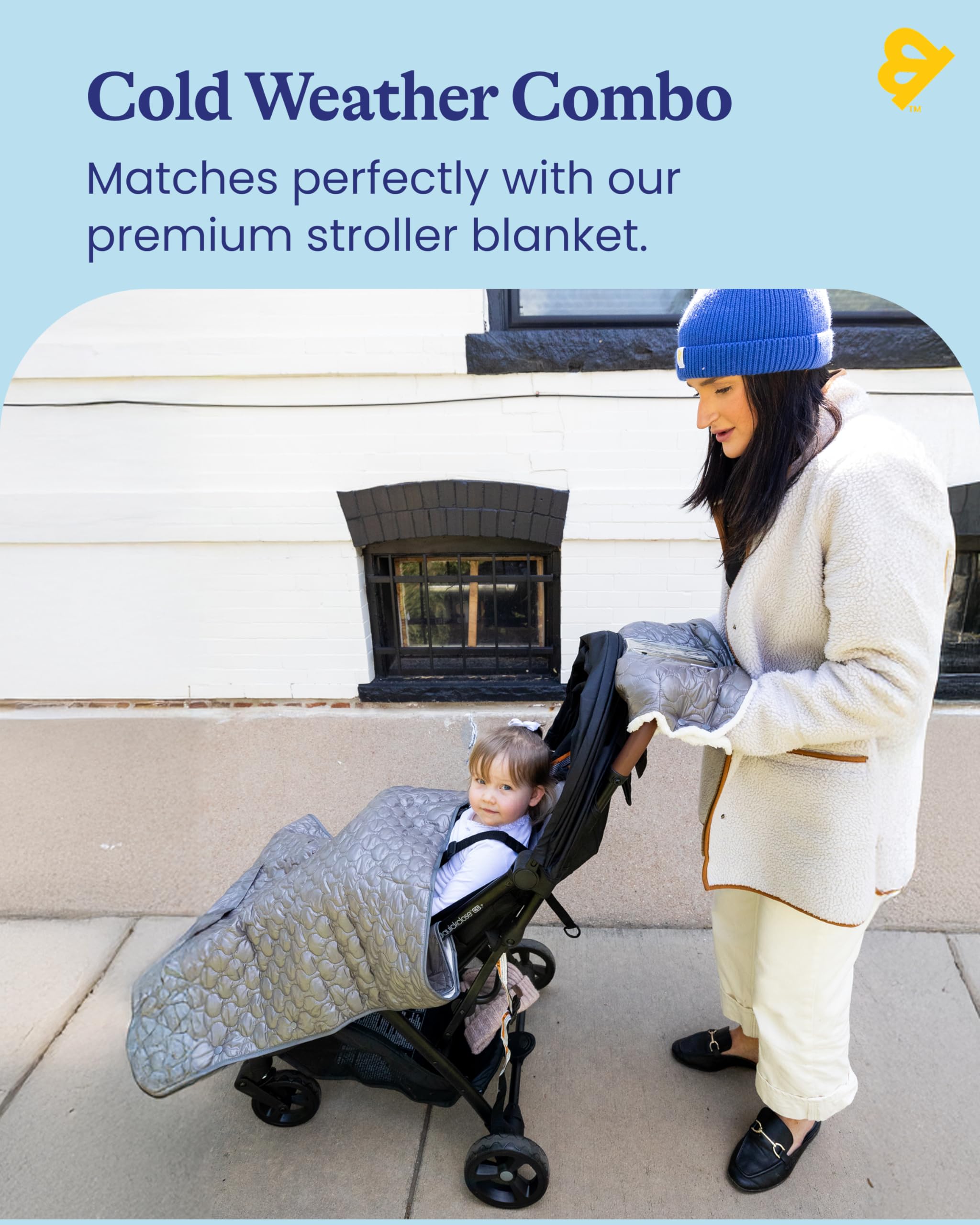 GoldBug stroller muff weatherproof finish shields against chilly wind.
