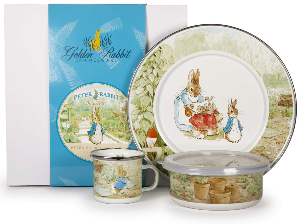 Golden Rabbit enamelware plate, mug, and bowl with lid featuring Peter Rabbit for durable everyday use.