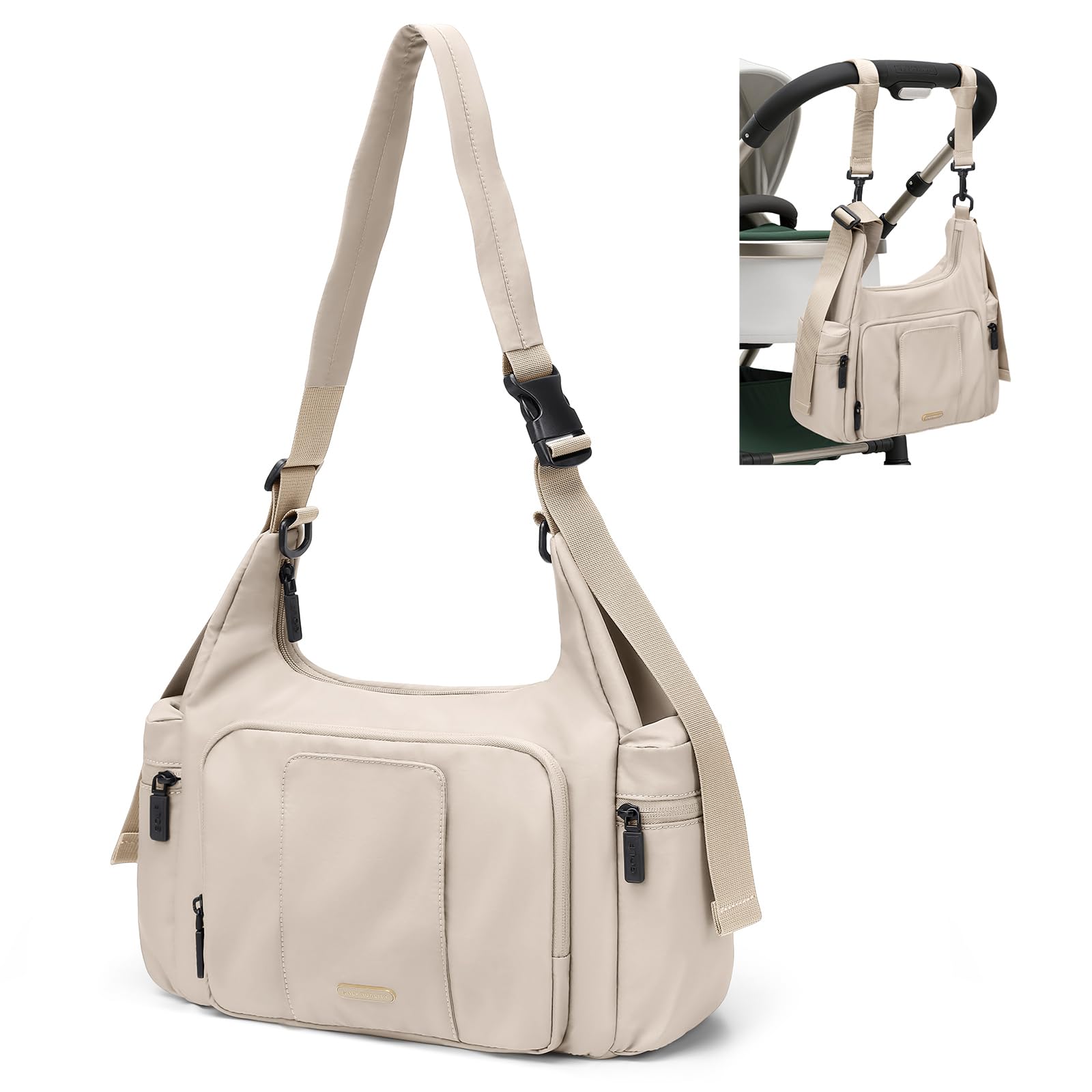 GOLF QUALITY 14L puffer diaper bag tote, front view in apricot, spacious and organized