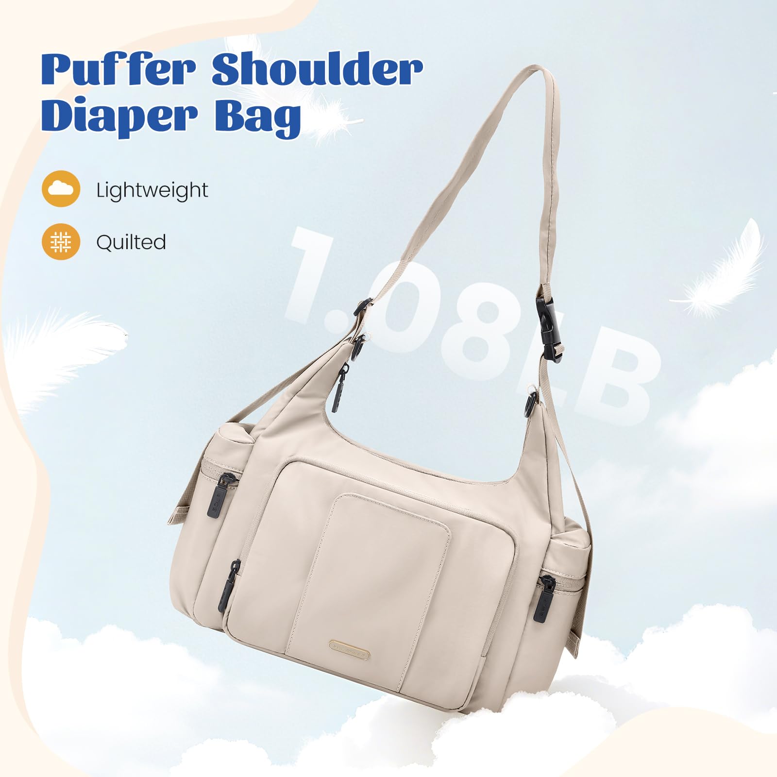 GOLF QUALITY 14L puffer diaper bag tote, side pocket open for quick access