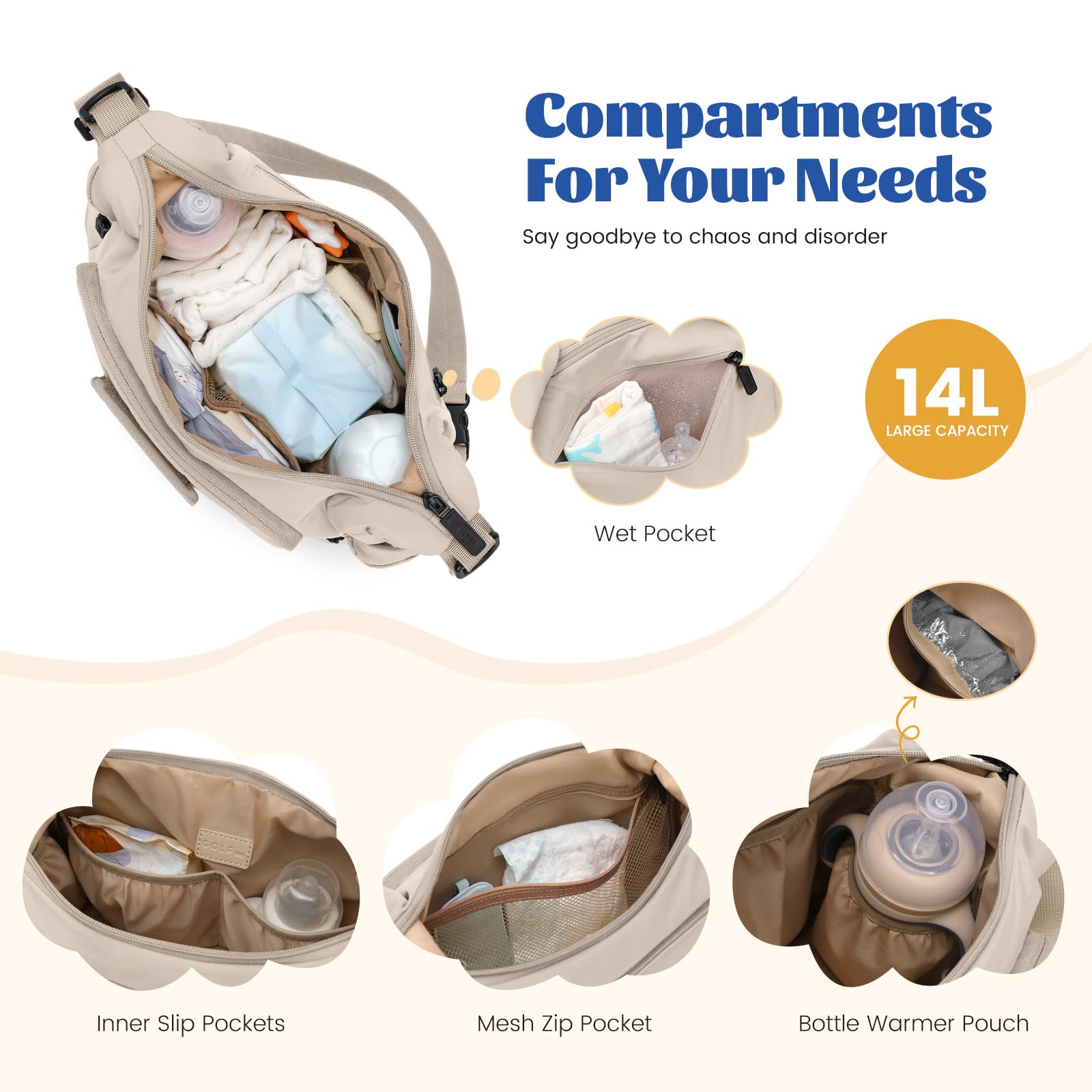 GOLF QUALITY 14L puffer diaper bag tote, waterproof compartment for dry and wet items