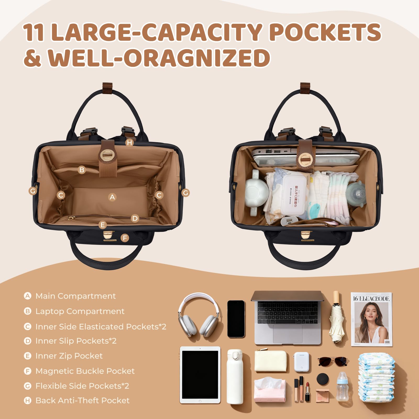 GOLF QUALITY diaper bag backpack durable water-resistant fabric for daily use