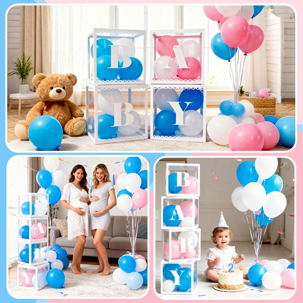 Golray gender reveal decor ideas with four-box set and letters.