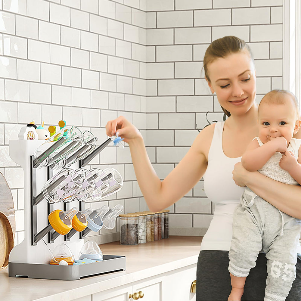 GoMaihe bottle drying rack shows 12-bottle capacity for different bottle sizes.