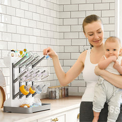 GoMaihe bottle drying rack shows 12-bottle capacity for different bottle sizes.