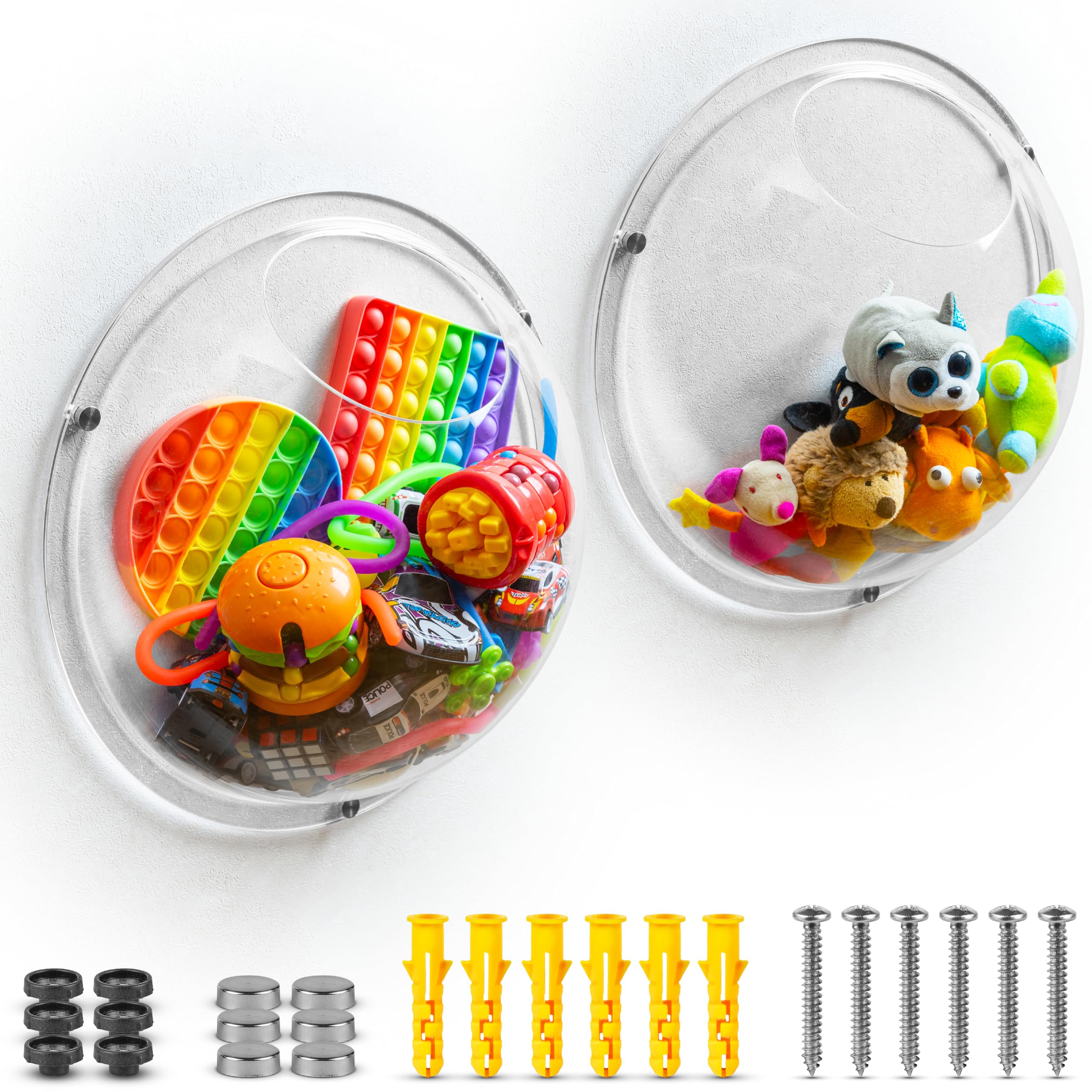 Gomos acrylic wall organizer 2-pack keeps toys neatly organized and within reach.