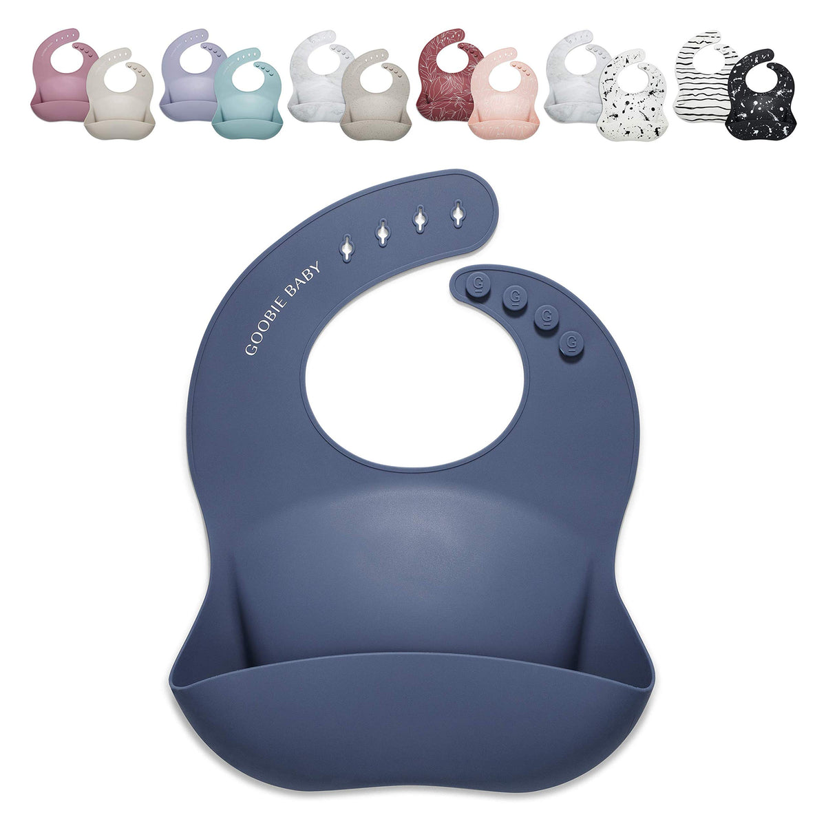 Goobie Baby silicone bib with large food catcher pocket for mess-free meals