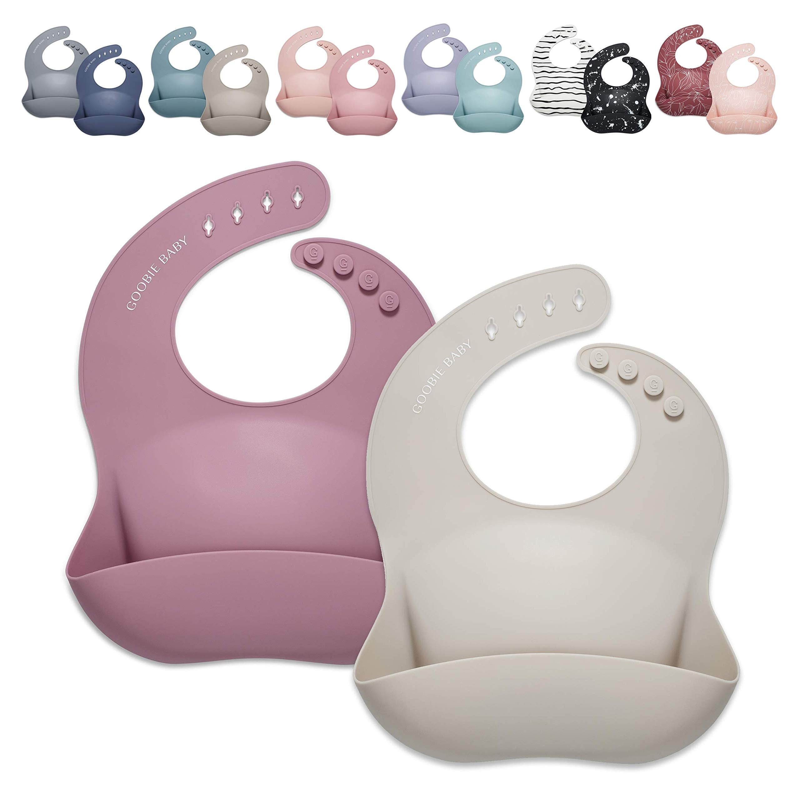 Goobie Baby silicone bib sand mauve pack with wide pocket to catch crumbs.