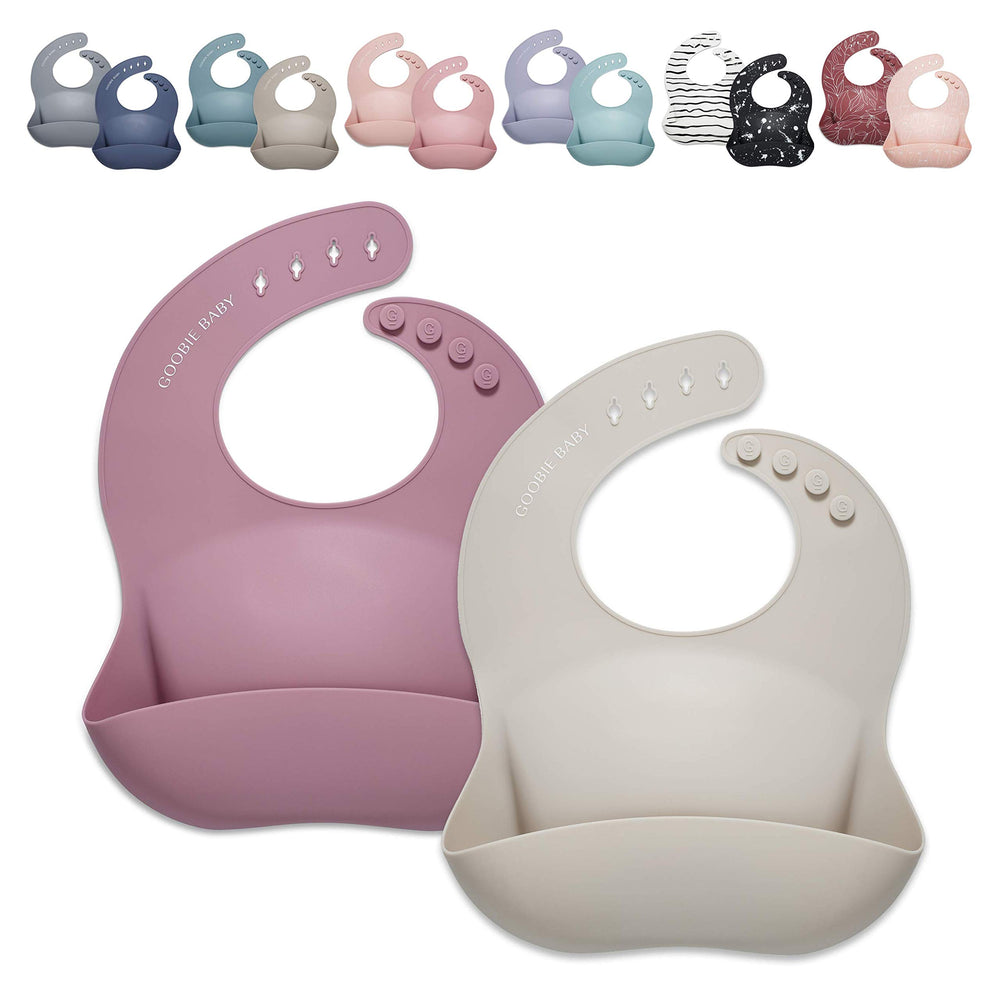 Goobie Baby silicone bib sand mauve pack with wide pocket to catch crumbs.