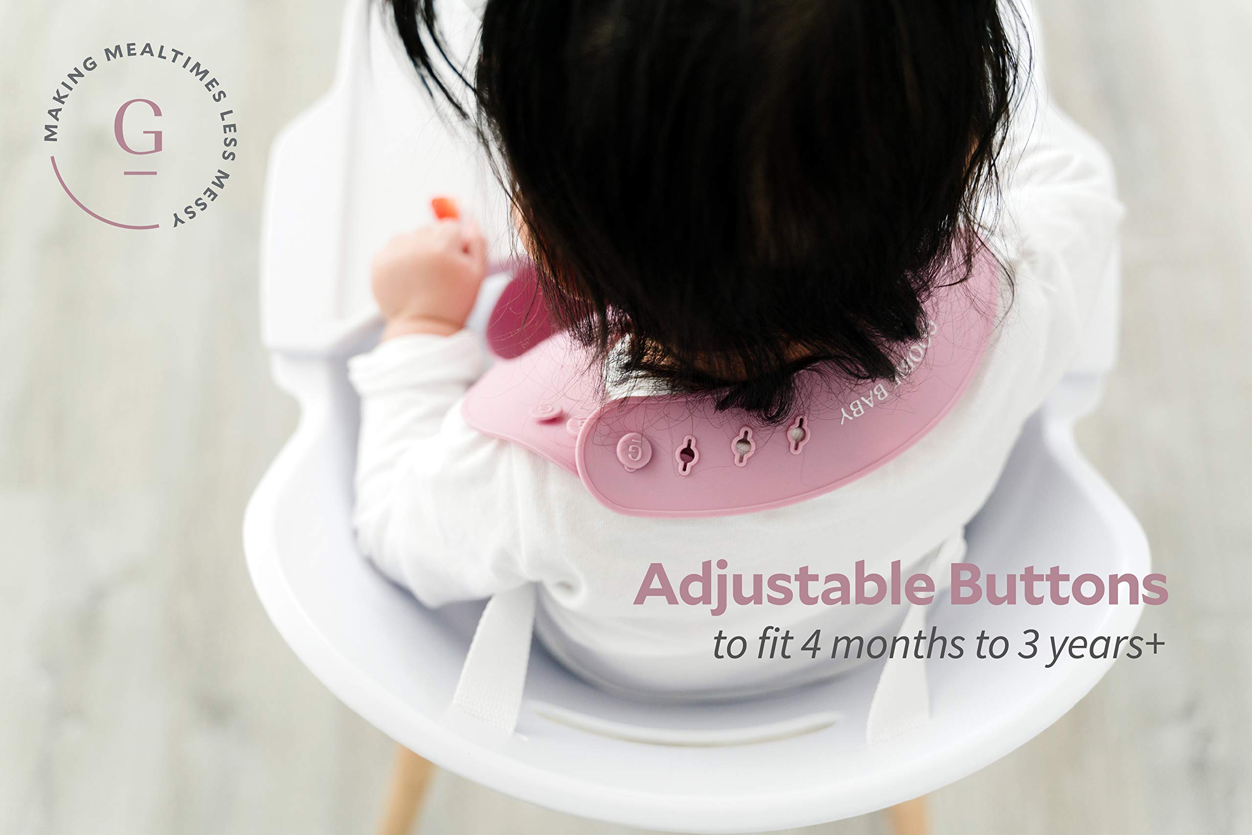 Goobie Baby bib featuring a wide pocket to catch spills and crumbs.