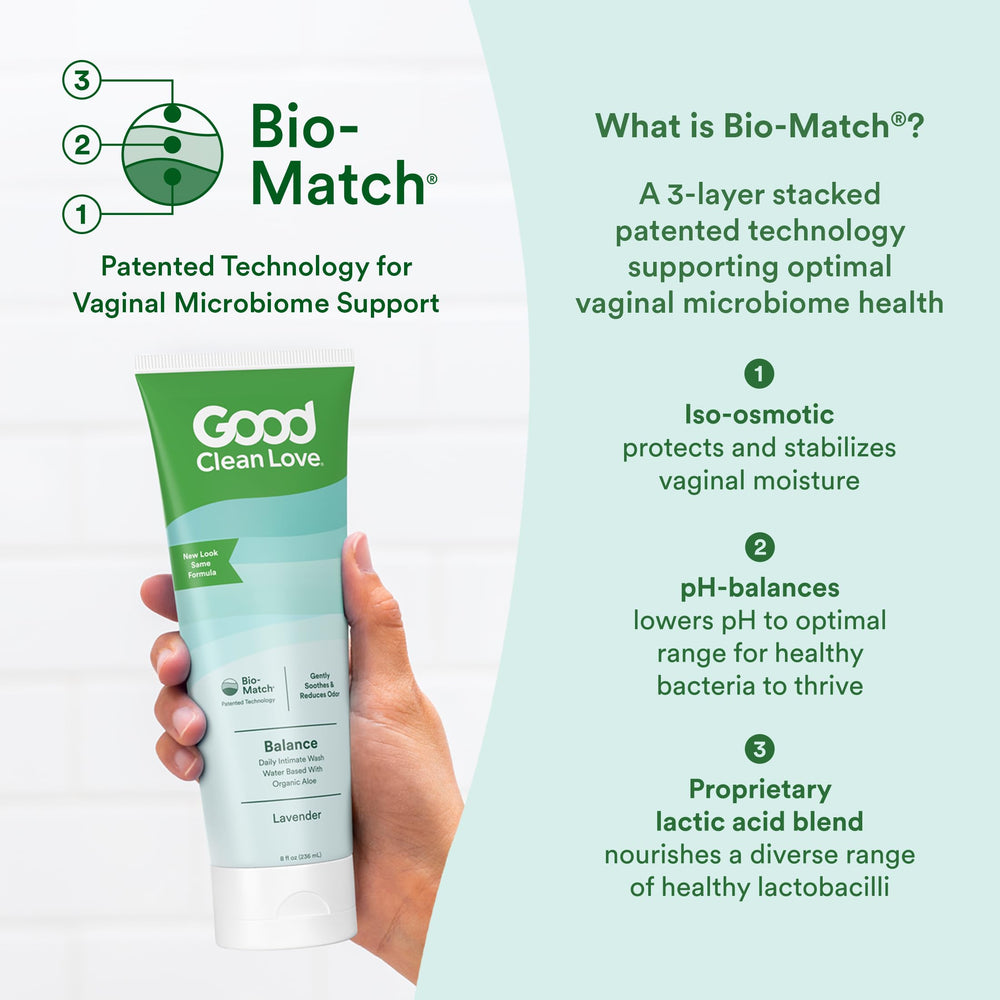 Good Clean Love Balance label closeup highlighting natural ingredients.