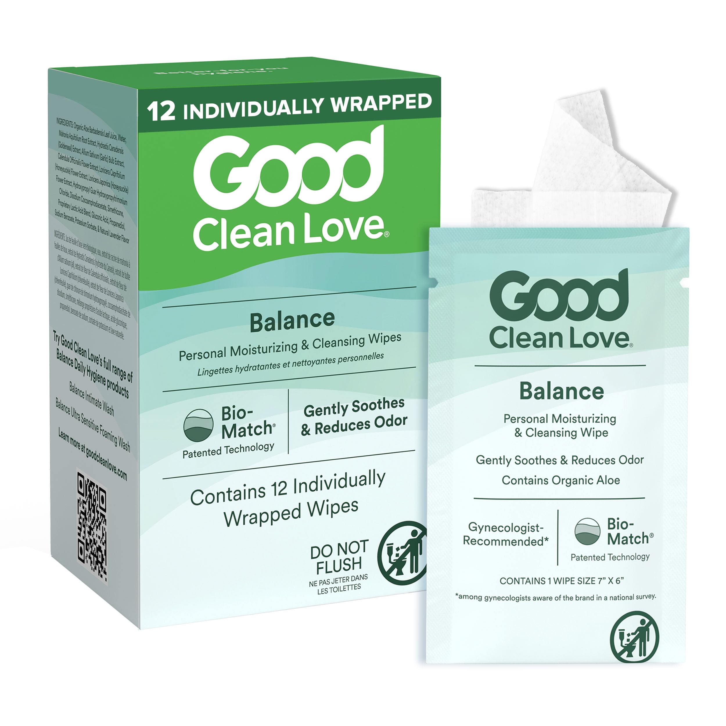 Good Clean Love Balance wipes in packaging, convenient daily feminine hygiene.