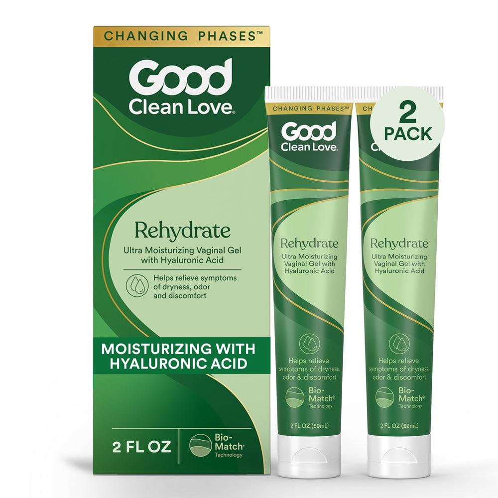 Good Clean Love Rehydrate bottle scene highlighting long-lasting moisture for sensitive tissues