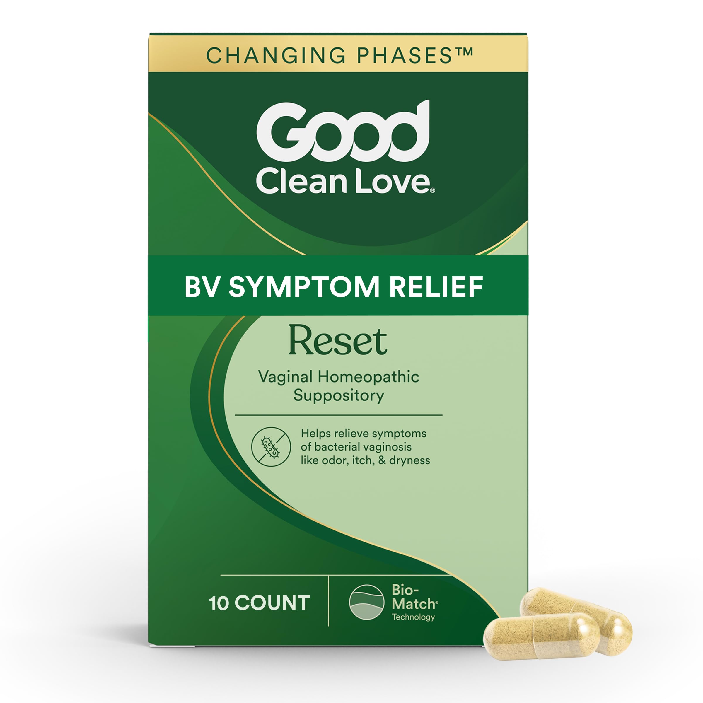 Good Clean Love Reset suppository packaging for discreet at-home use.