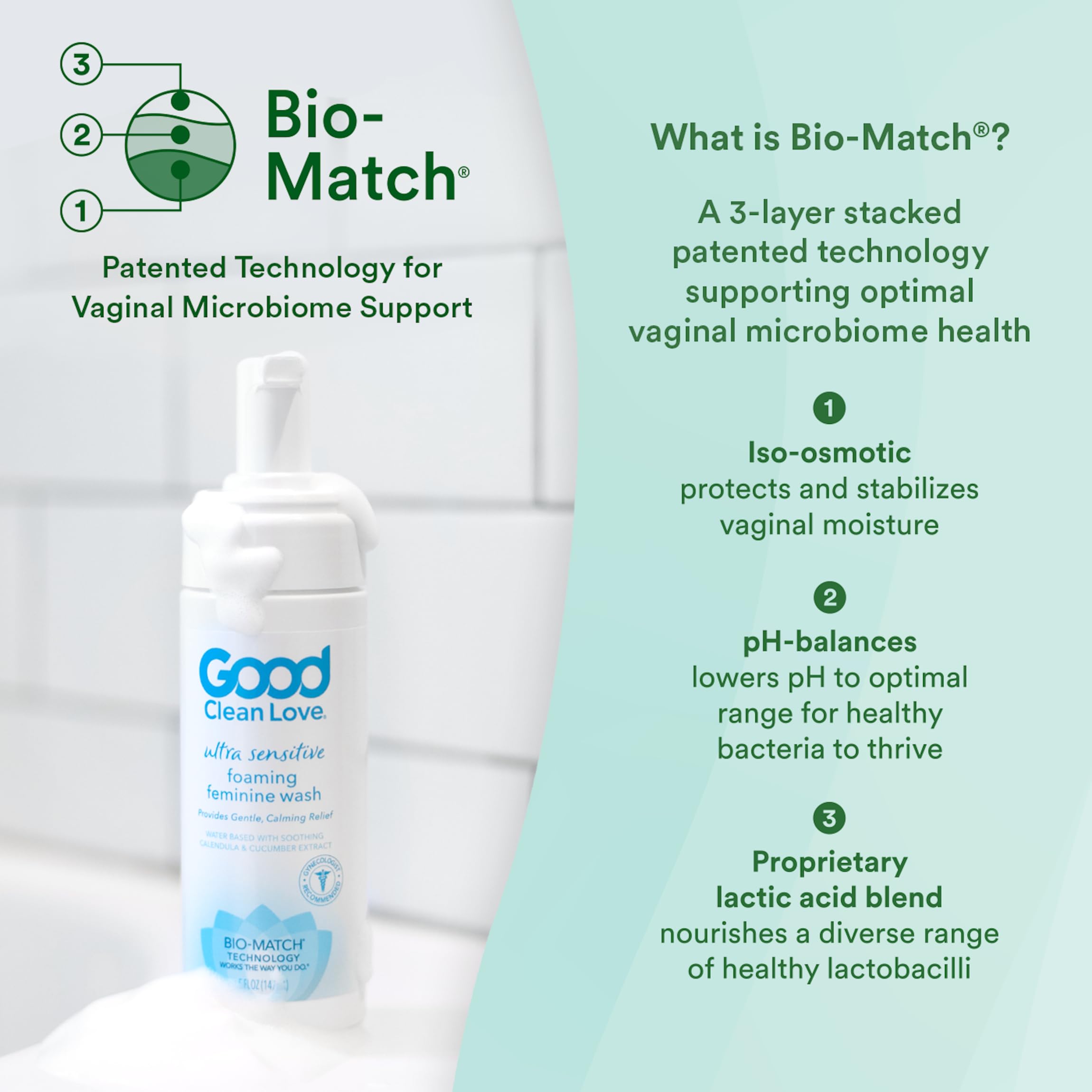 Good Clean Love Ultra Sensitive foaming wash foam close-up shows gentle botanical formula.