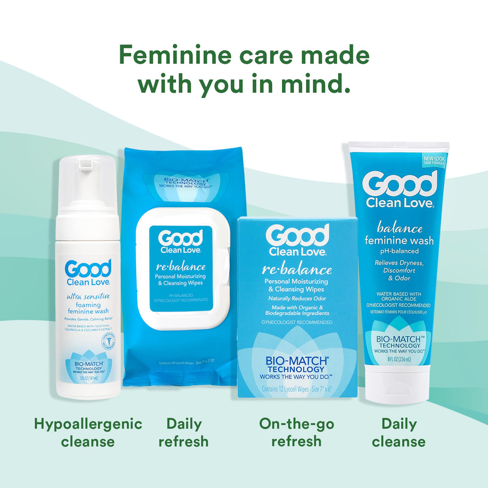 Good Clean Love Ultra Sensitive wash label detail highlights hypoallergenic, paraben-free care.