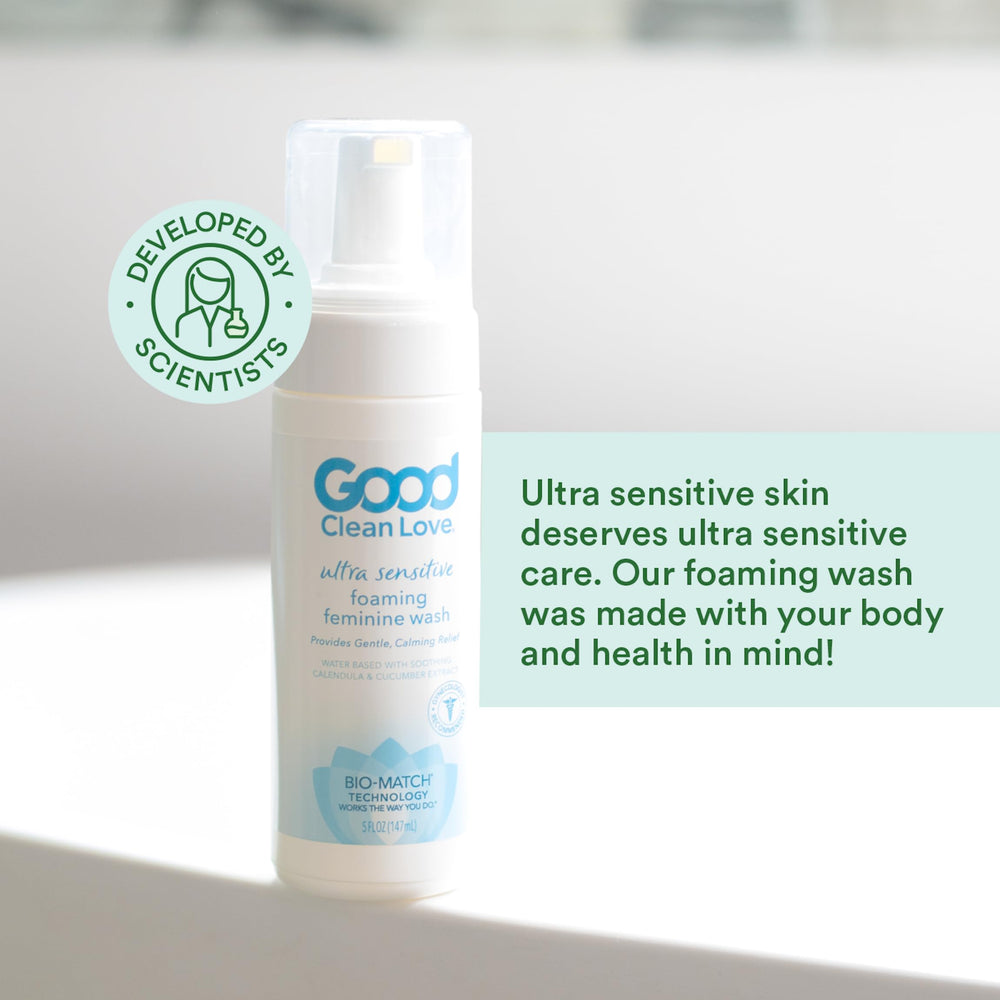 Good Clean Love Ultra Sensitive wash packaging on shelf emphasizes natural ingredients.