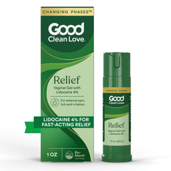 Good Clean Love vaginal pain-relief gel bottle showing external application use.