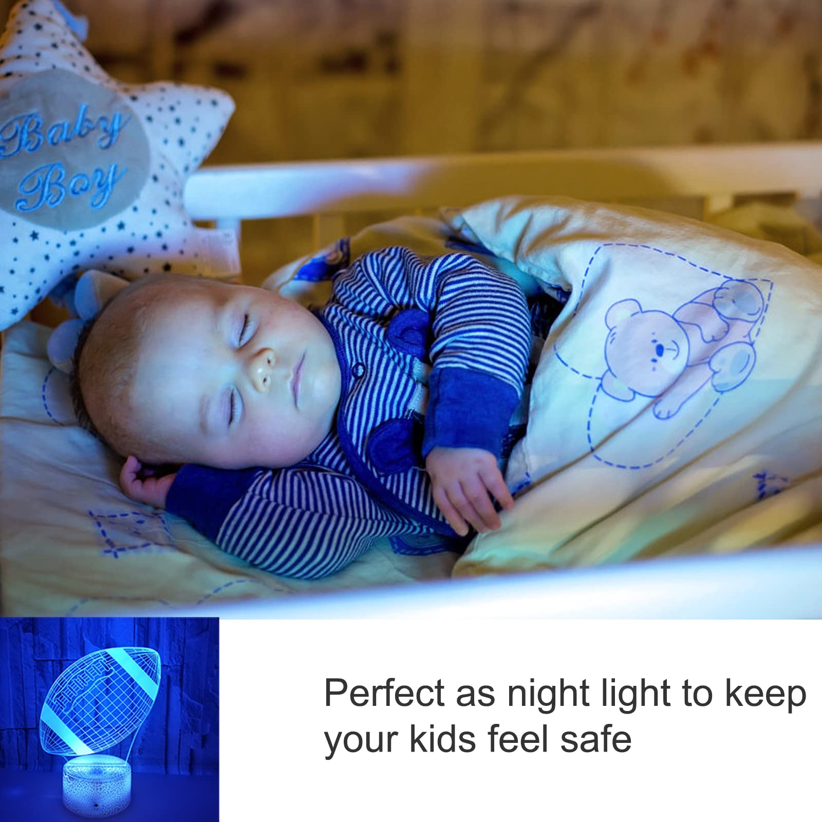 Good King Football Night Light USB power keeps rooms lit without batteries.