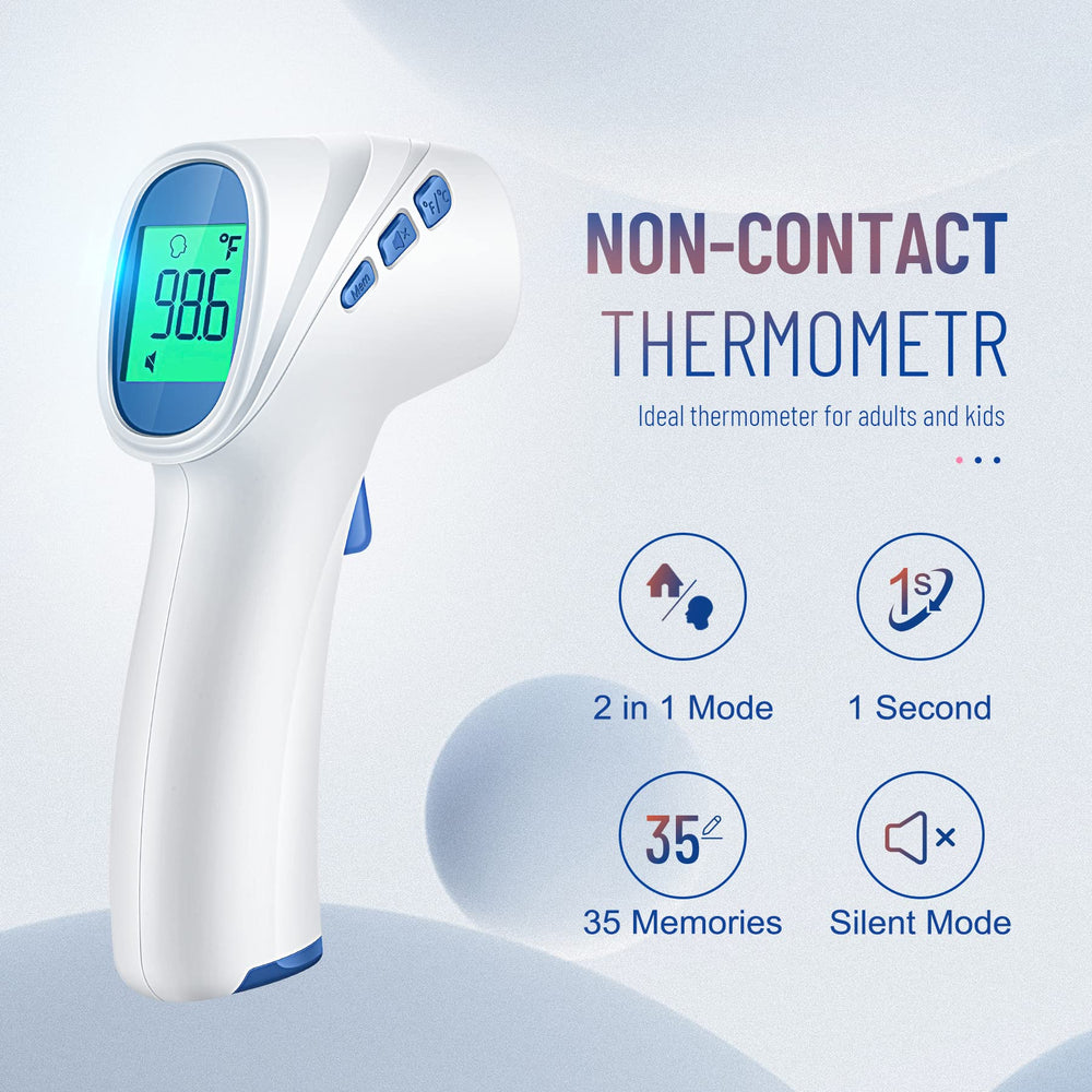 Close-up of GoodBaby thermometer in use with non-contact sensing.
