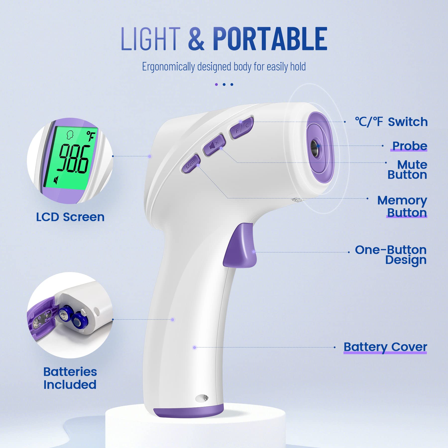 GoodBaby No-Touch Thermometer Fahrenheit-Celsius switch for versatile use.