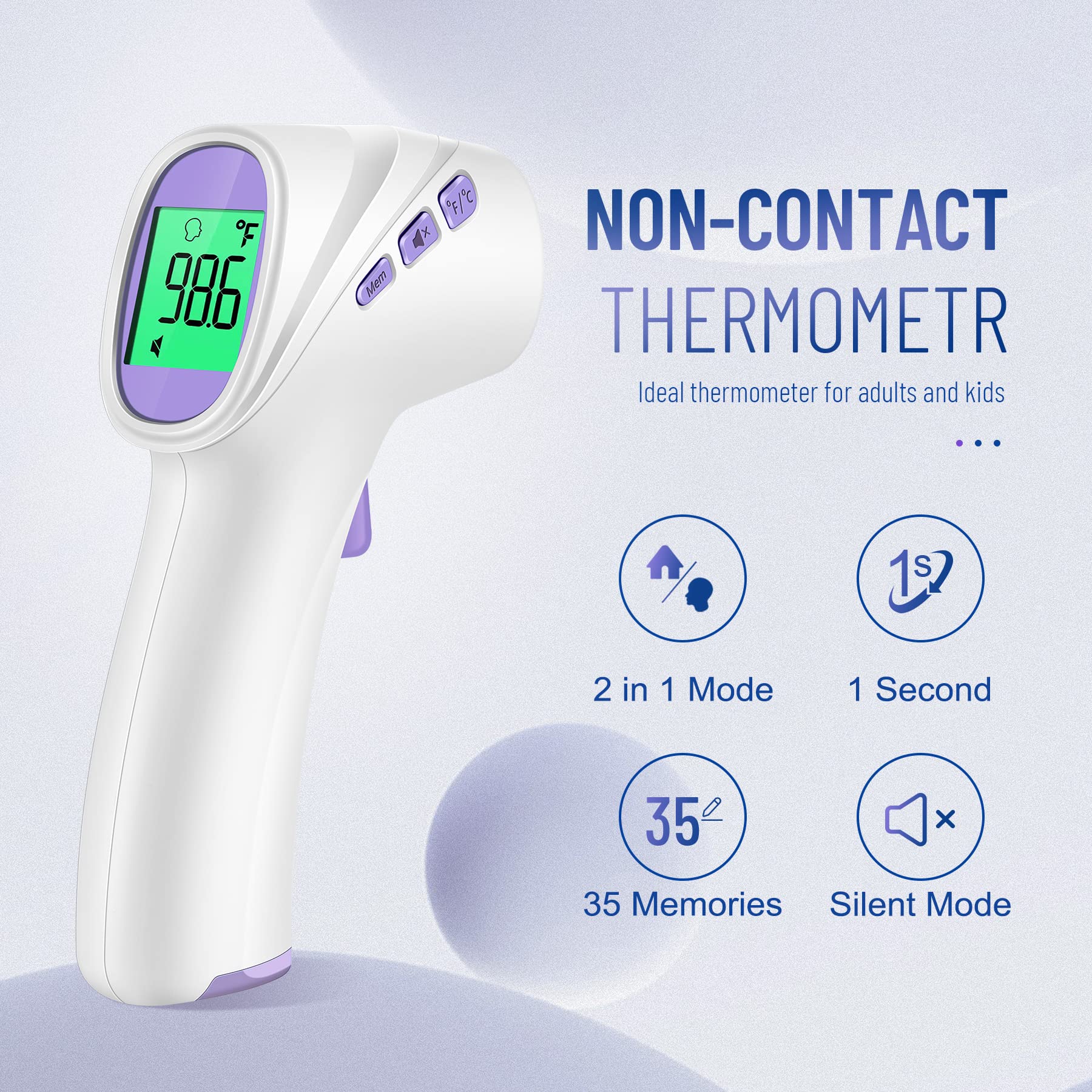 GoodBaby No-Touch Thermometer near the forehead for safe, non-contact checks.