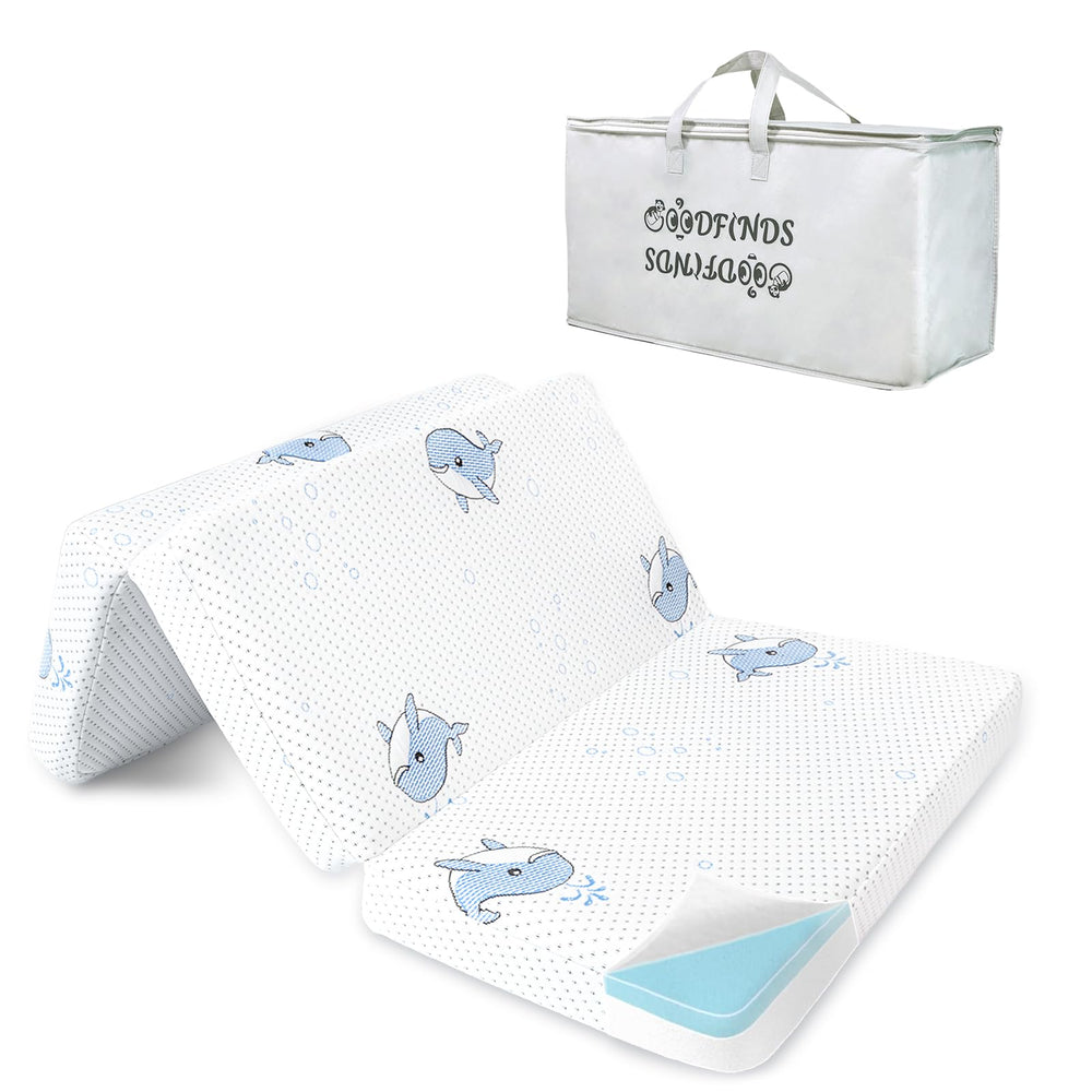 GOODFINDS Pack N Play mattress folded in carrying bag for easy travel storage.
