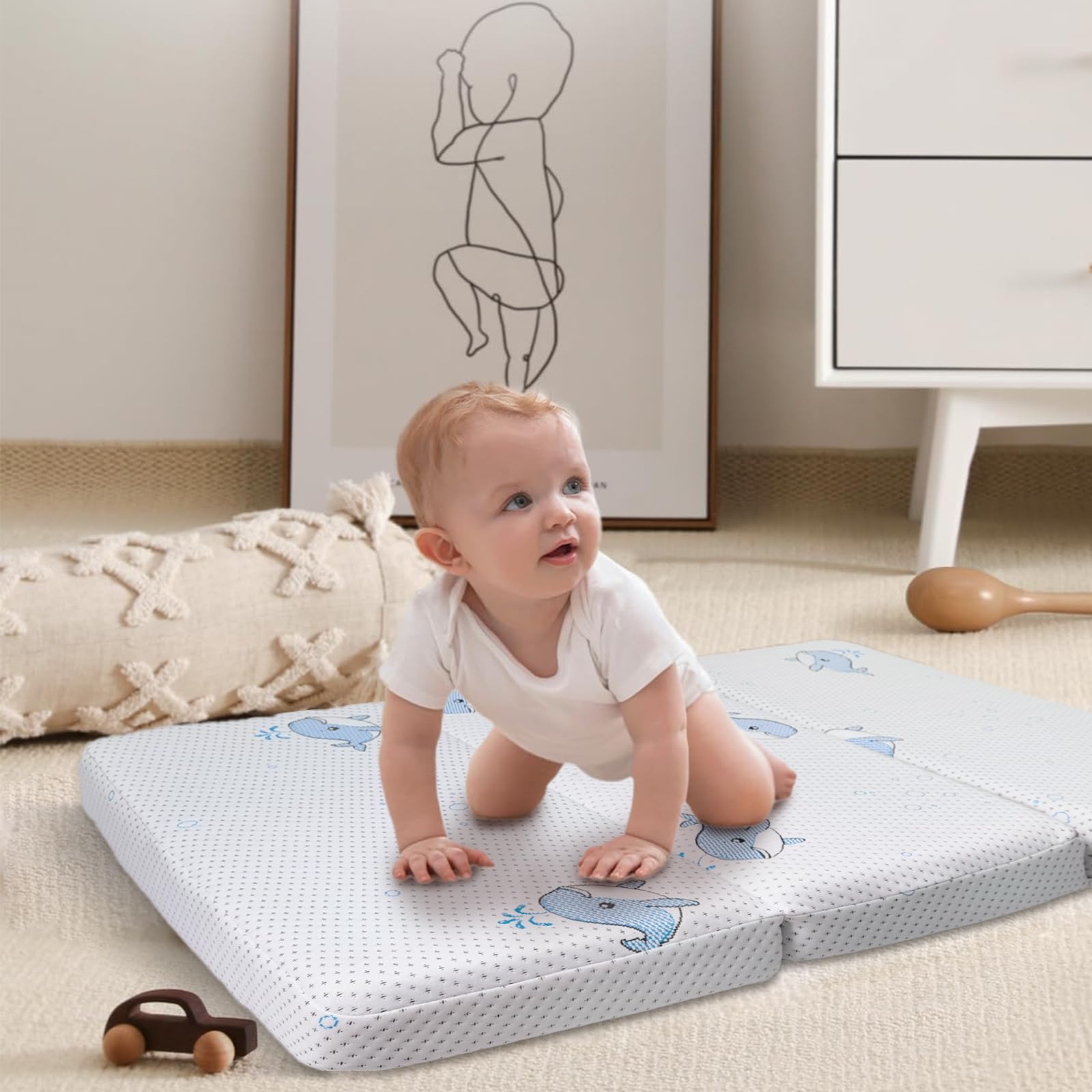 GOODFINDS Pack N Play mattress unfolded in a standard playpen for naps and play.