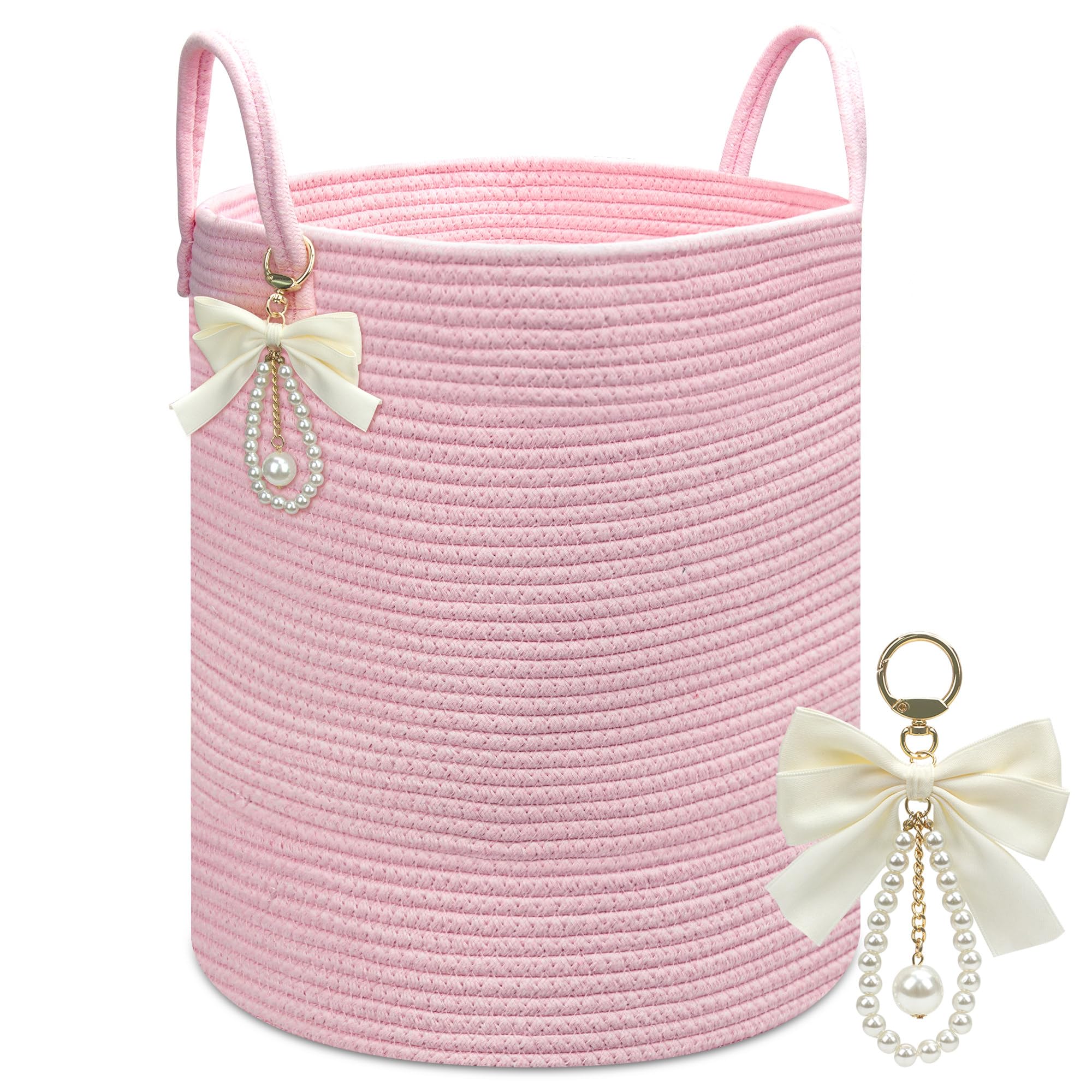 Goodheim laundry hamper pink close-up cotton rope shows sturdy weave for daily use.